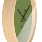 Wooden Base Black Hand Olive Green Modern Minimal Silent Wall Clock With Saddle Brown Time Markers Side