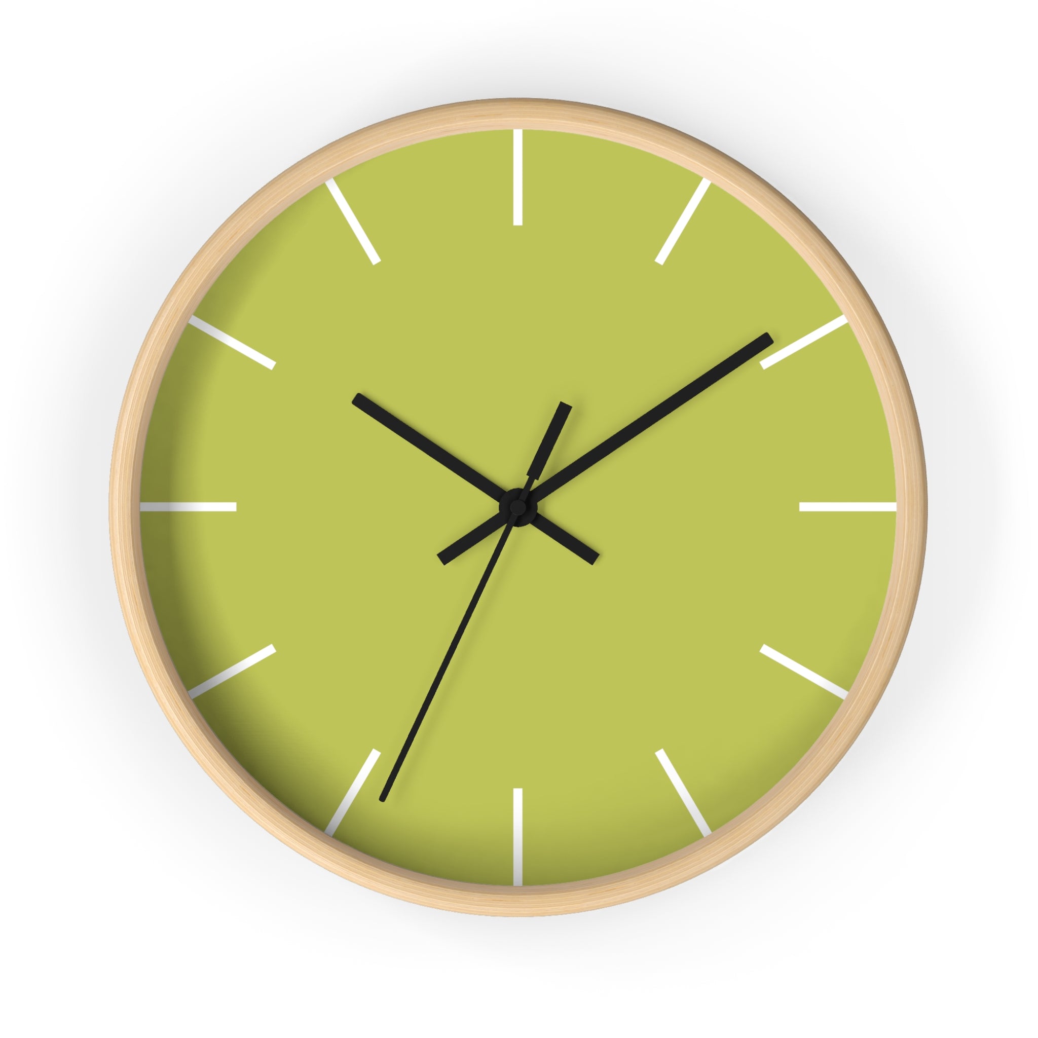 Wooden Base Black Hand Orchid Lime Green Modern Minimal Silent Wall Clock With White Time Markers Front