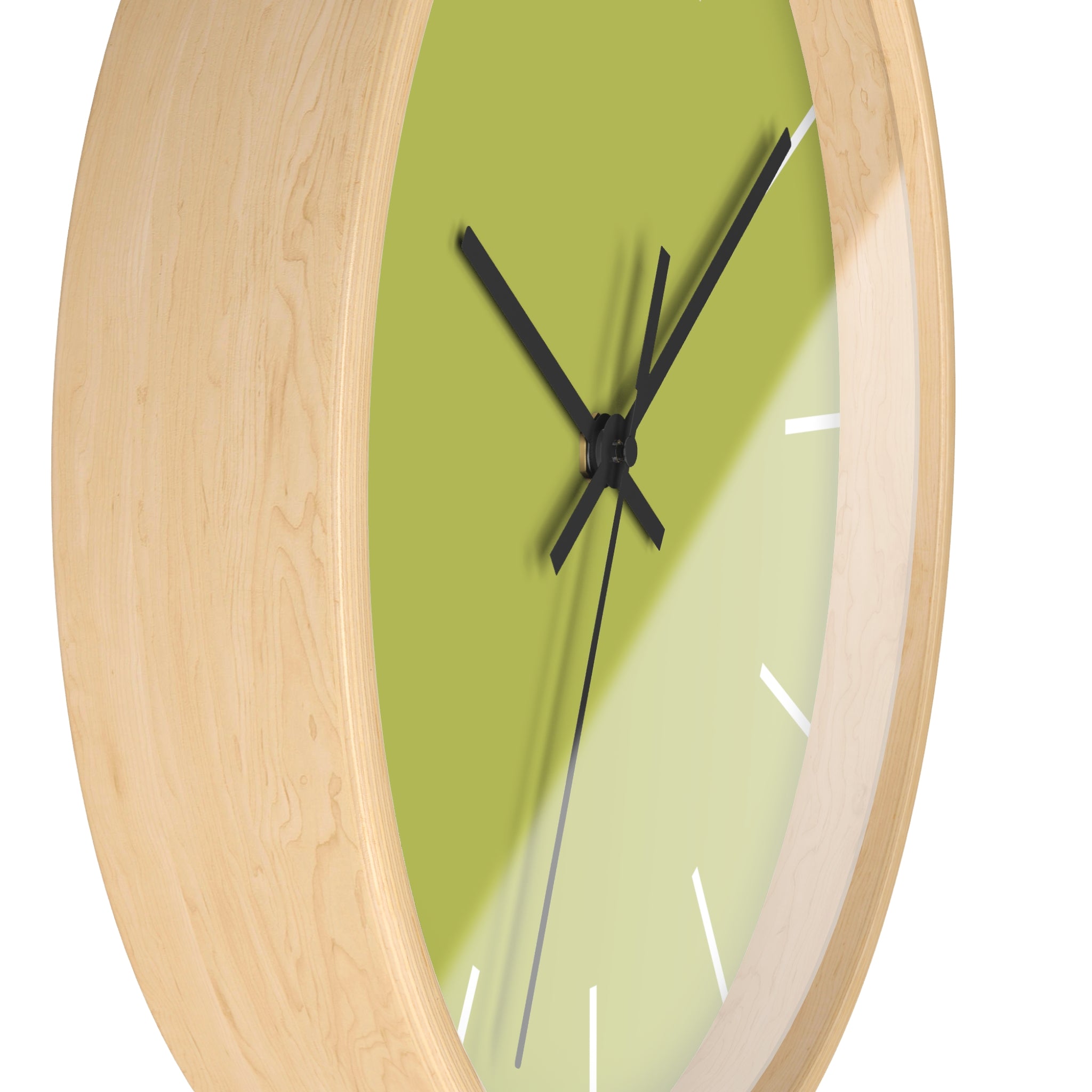 Wooden Base Black Hand Orchid Lime Green Modern Minimal Silent Wall Clock With White Time Markers Side