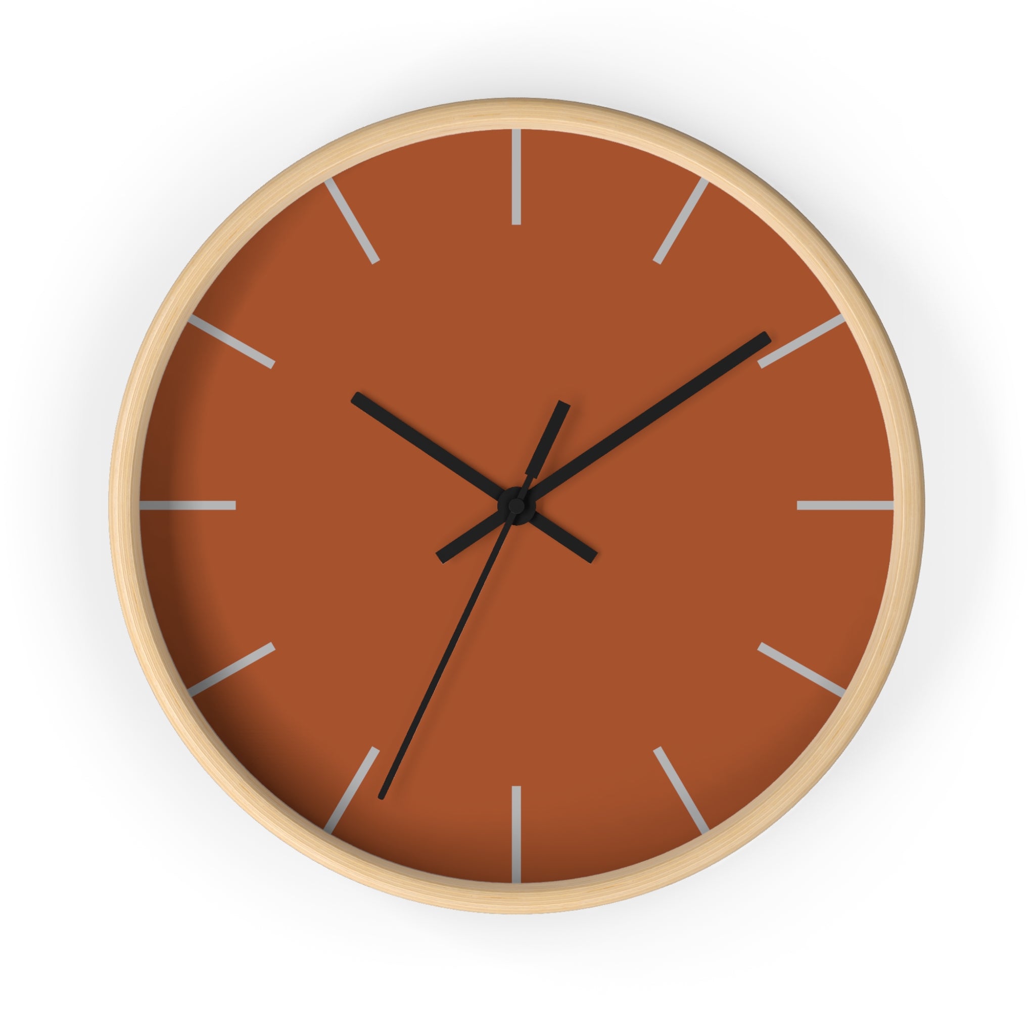 Wooden Base Black Hand Paarl Terracotta Modern Minimal Silent Wall Clock With Ivory Grey Time Markers Front