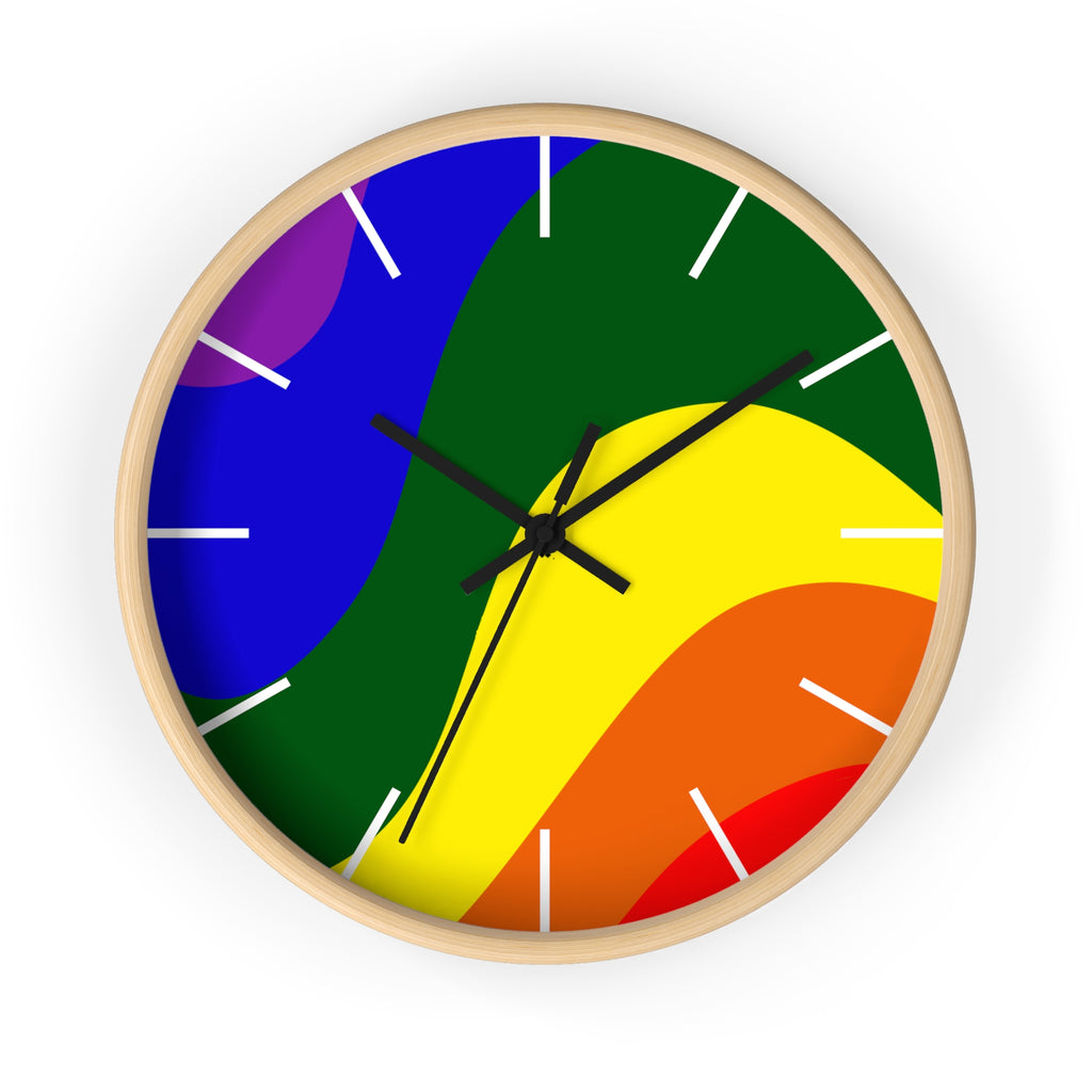 Wooden Base Black Hand Pride Rainbow Wave Modern Minimal Silent Wall Clock With White Time Markers Front