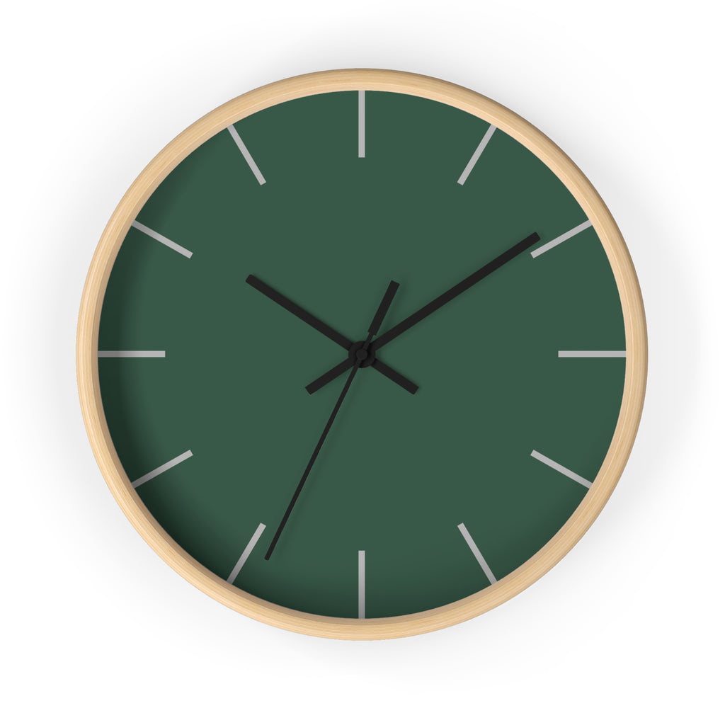Wooden Base Black Hand Stromboli Dark Green Modern Minimal Silent Wall Clock With Stardust Grey Time Markers Front