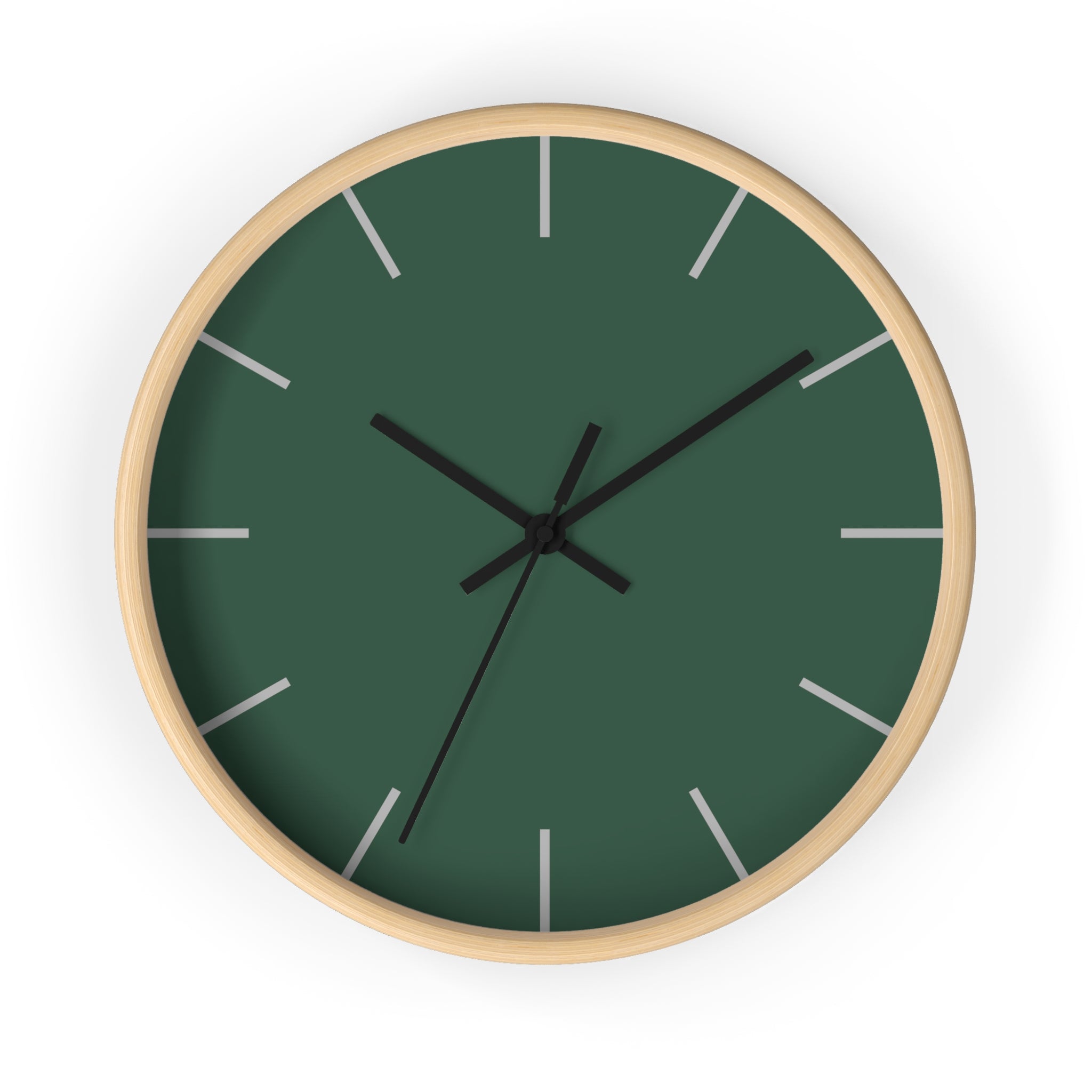 Wooden Base Black Hand Stromboli Dark Green Modern Minimal Silent Wall Clock With Stardust Grey Time Markers Front