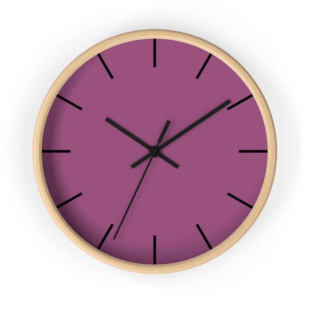 Wooden Base Black Hand Modern Minimalist Lavender Red Plum Silent Wall Clock With Black Time Markers Front 
