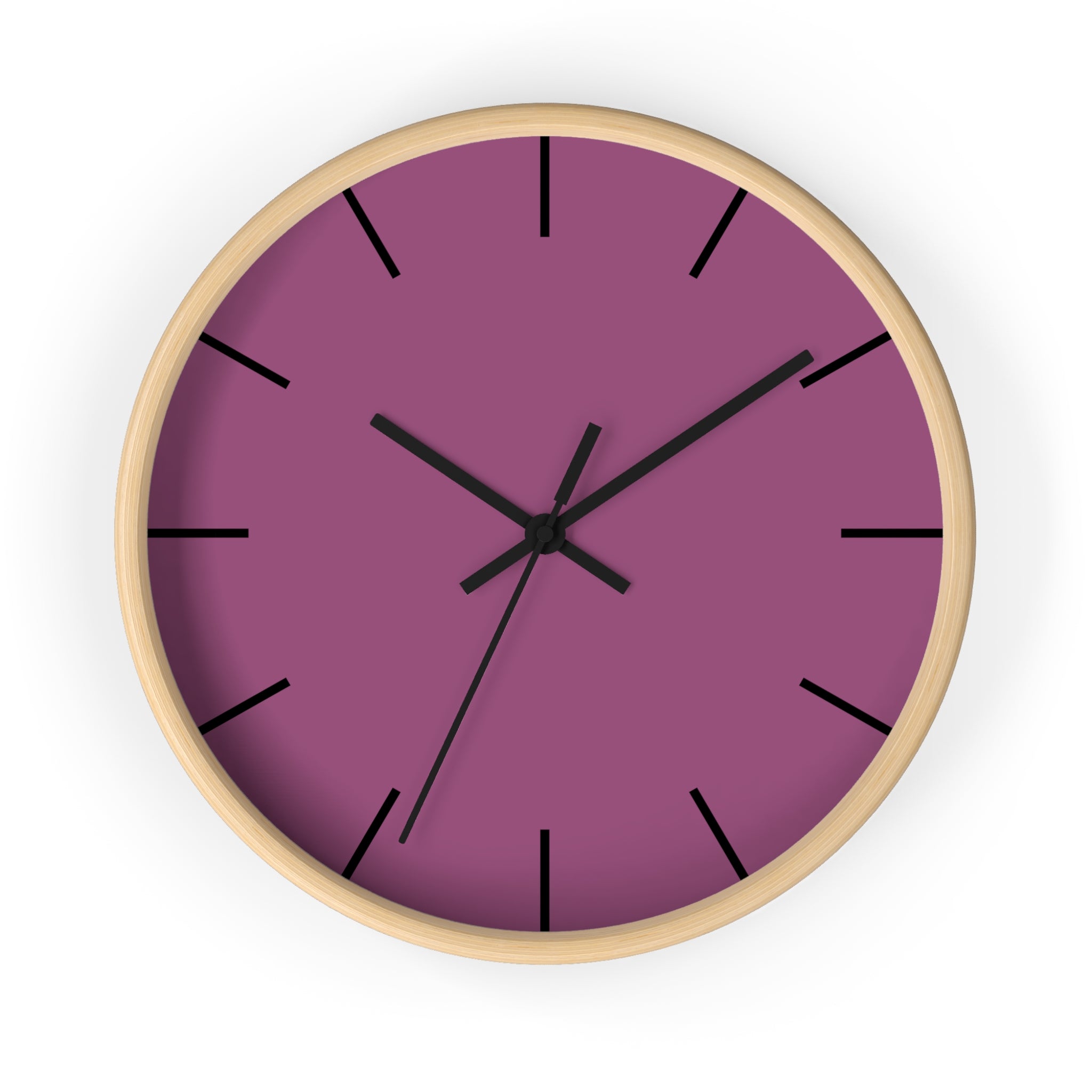Wooden Base Black Hand Modern Minimalist Lavender Red Plum Silent Wall Clock With Black Time Markers Front 