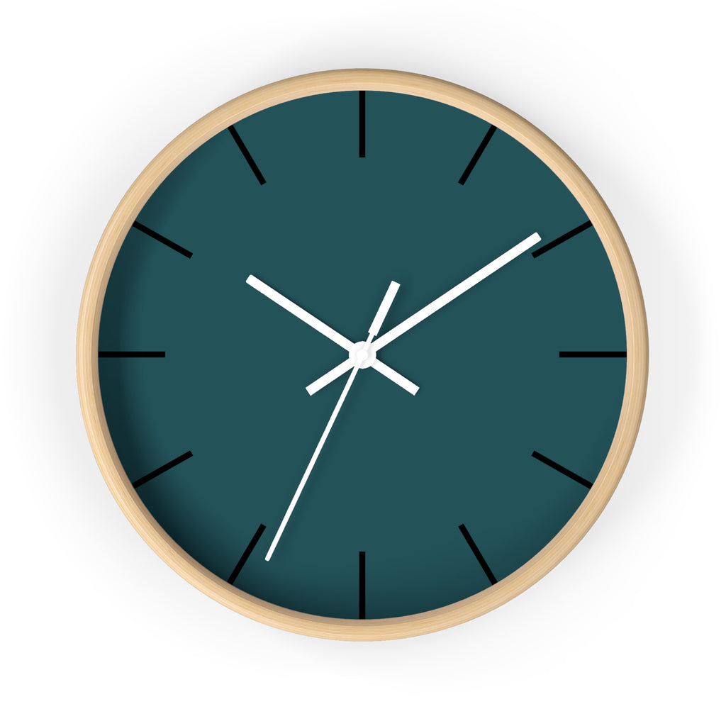 Wooden Base White Hand Abstract Teal Modern Minimal Silent Wall Clock With Black Time Markers Front