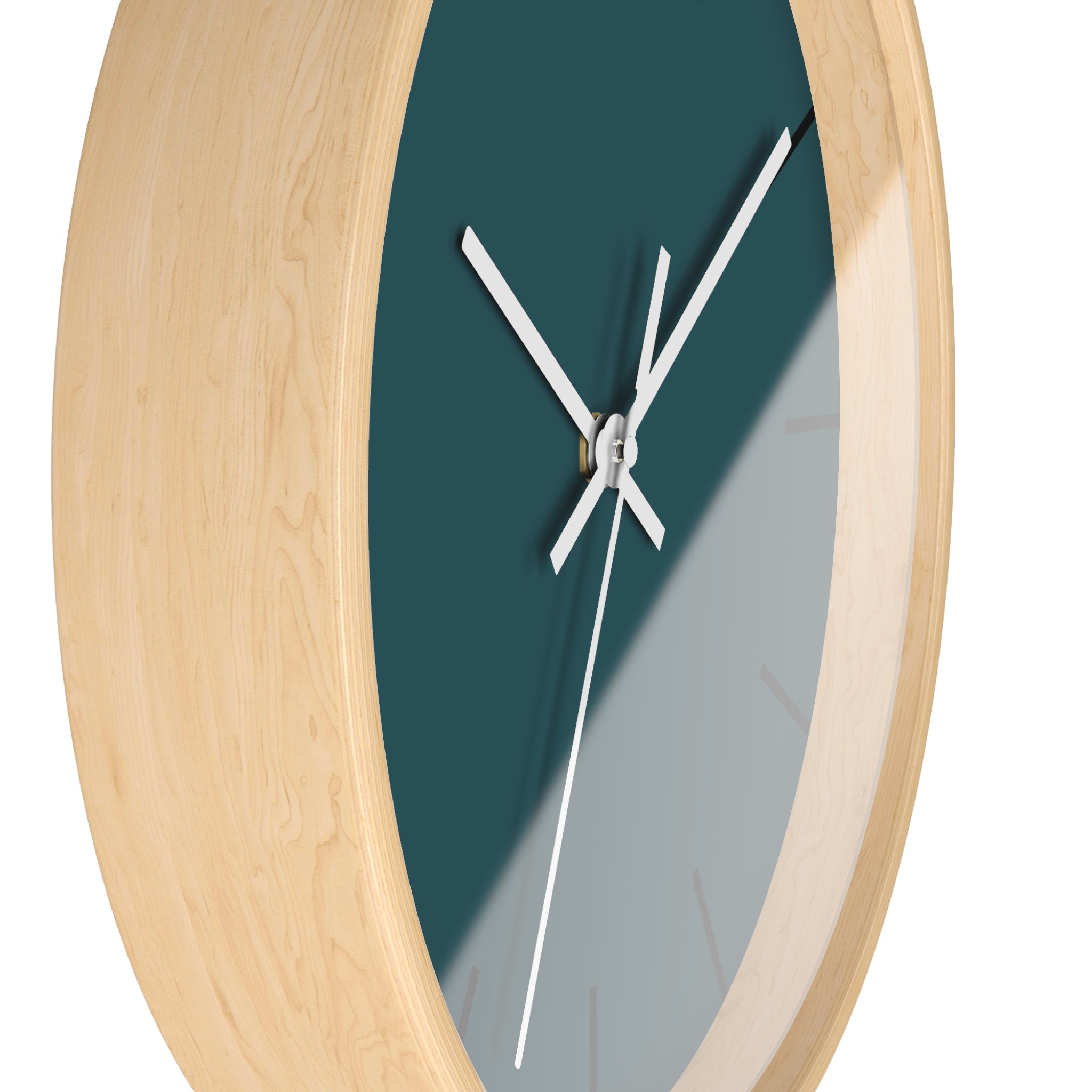 Wooden Base White Hand Abstract Teal Modern Minimal Silent Wall Clock With Black Time Markers Side