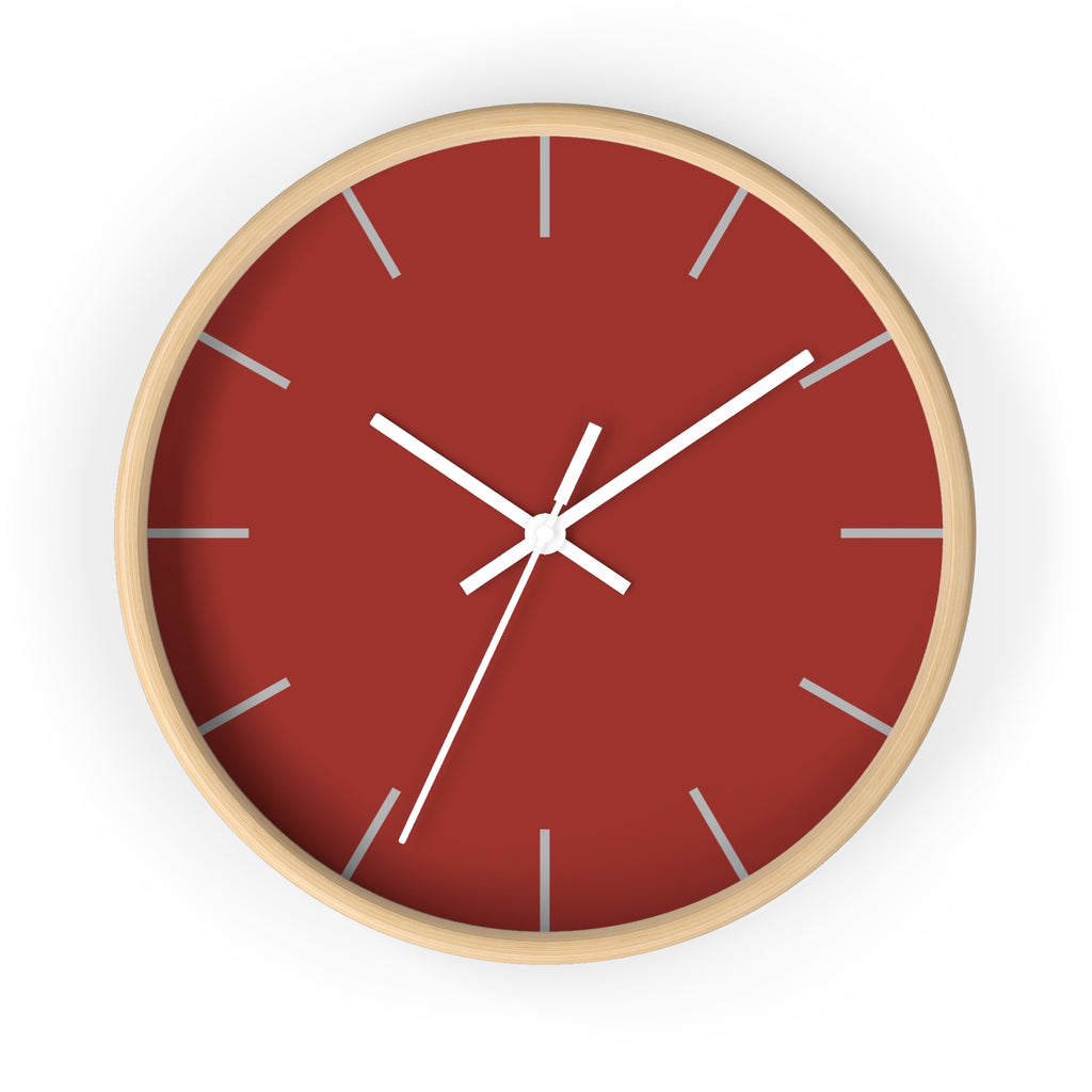 Wooden Base White Hand Brownish Red Modern Minimal Silent Wall Clock With Light Grey Time Markers Front