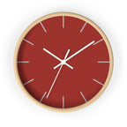 Wooden Base White Hand Brownish Red Modern Minimal Silent Wall Clock With Light Grey Time Markers Front