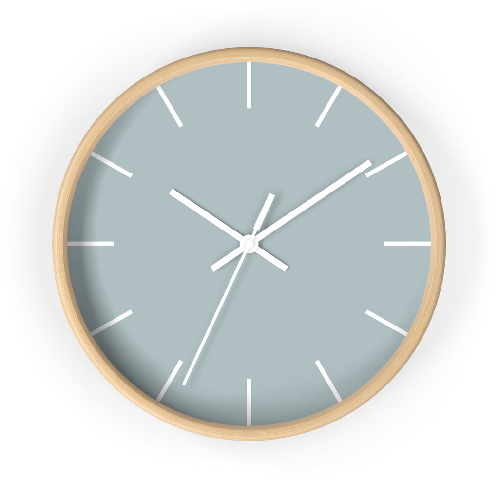 Wooden Base White Hand Cool Silver Blue Modern Minimalist Silent Wall Clock With White Time Markers Front