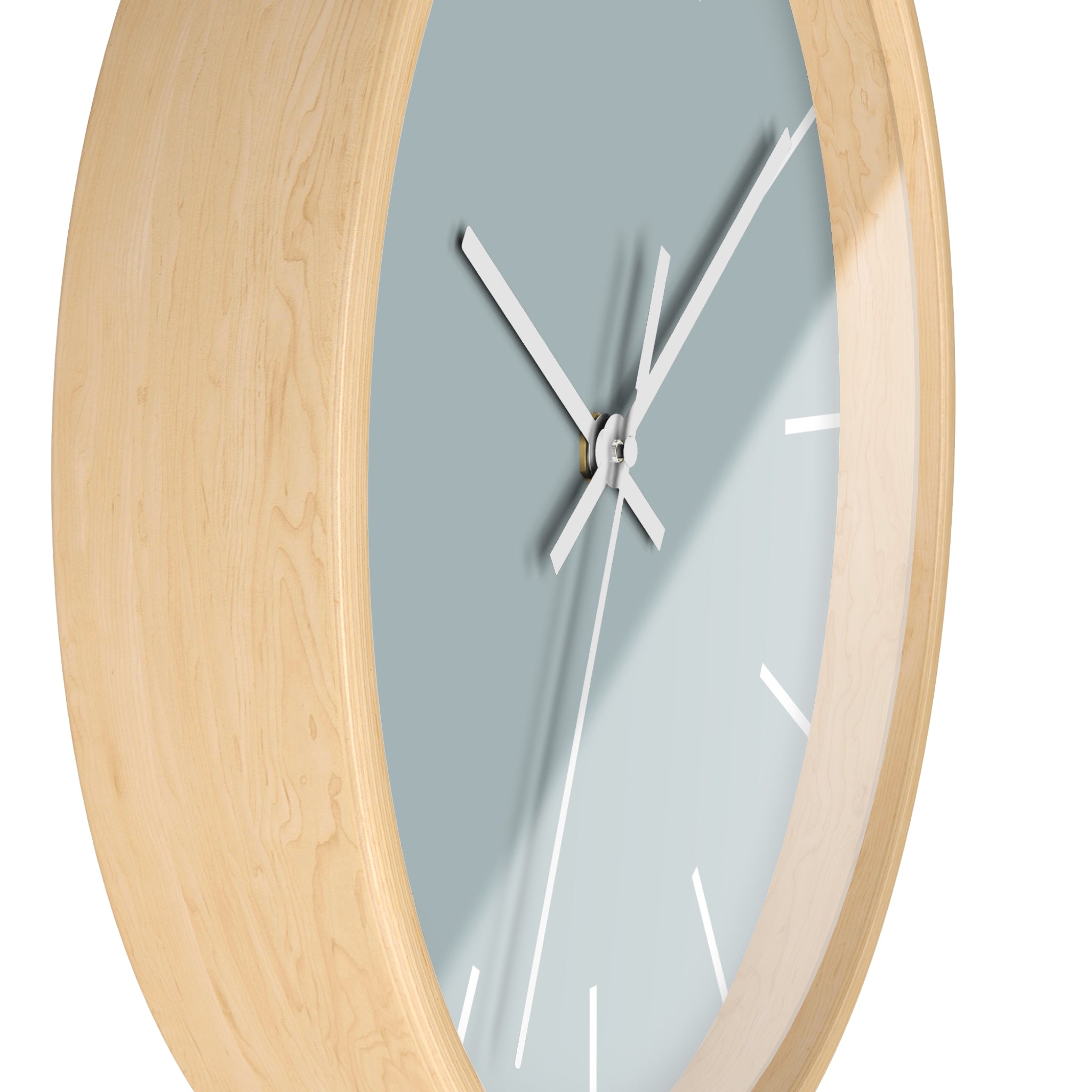 Wooden Base White Hand Cool Silver Blue Modern Minimalist Silent Wall Clock With White Time Markers Side