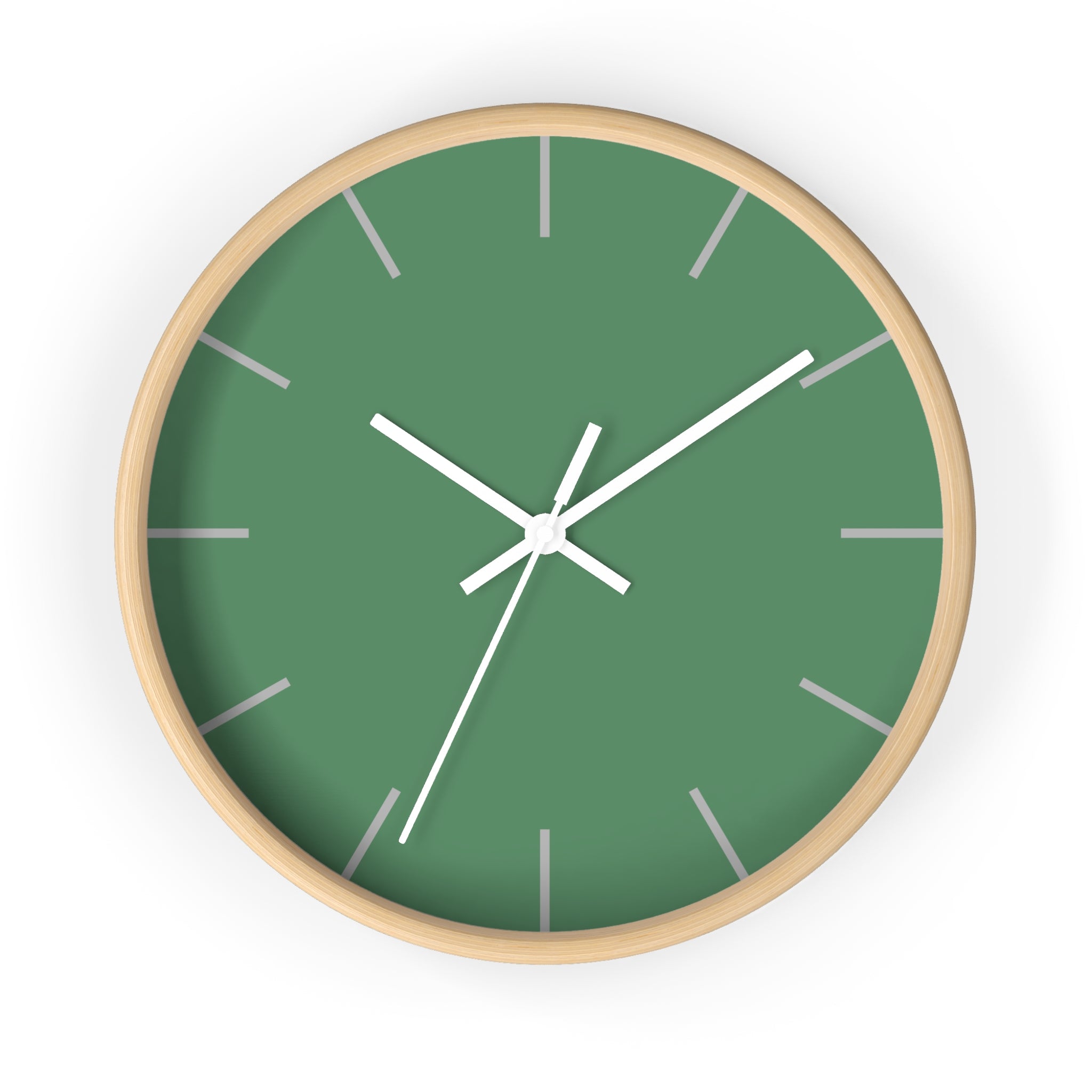 Wooden Base White Hand Dust Green Modern Minimal Wall Clock With Ivory Grey Time Markers Front 