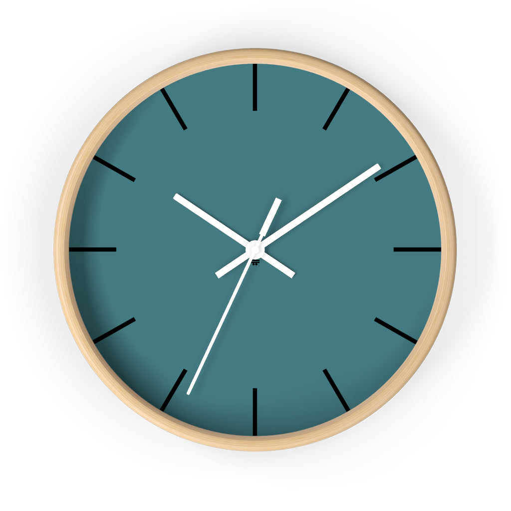 Wooden Base White Hand Modern Minimal Bismark Teal Silent Wall Clock With Black Time Markers Front