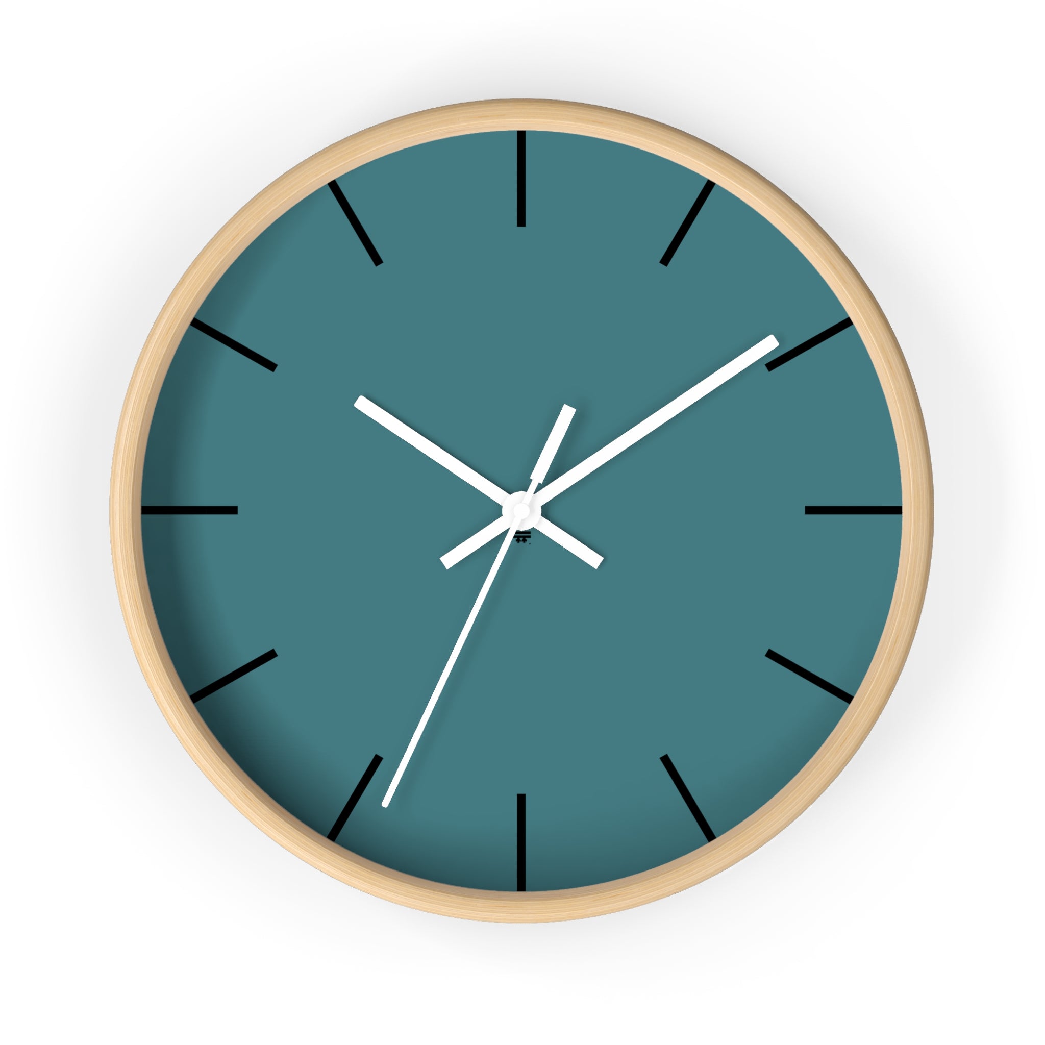 Wooden Base White Hand Modern Minimal Bismark Teal Silent Wall Clock With Black Time Markers Front