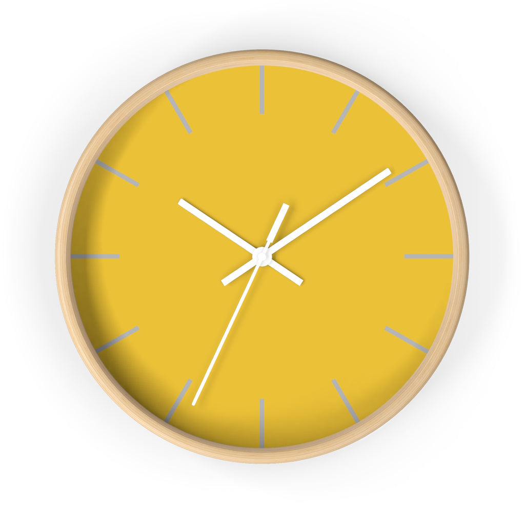 Wooden Base White Hand Modern Minimal Champ Yellow Silent Wall Clock with Light Grey Time Markers Front