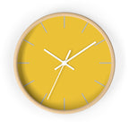 Wooden Base White Hand Modern Minimal Champ Yellow Silent Wall Clock with Light Grey Time Markers Front