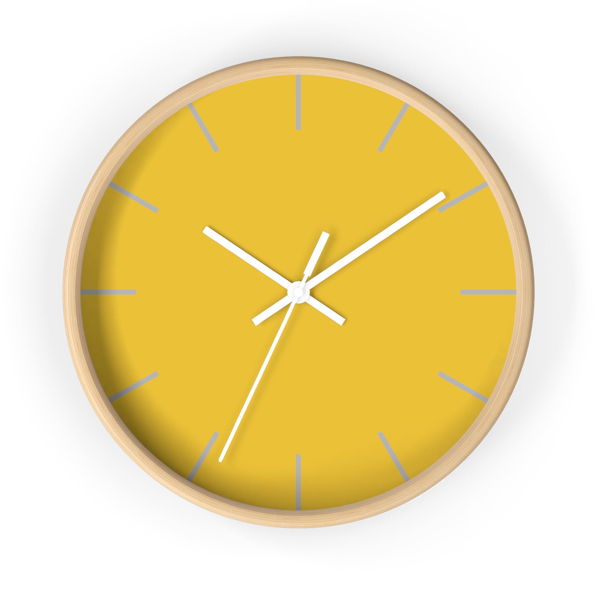 Wooden Base White Hand Modern Minimal Champ Yellow Silent Wall Clock with Light Grey Time Markers Front