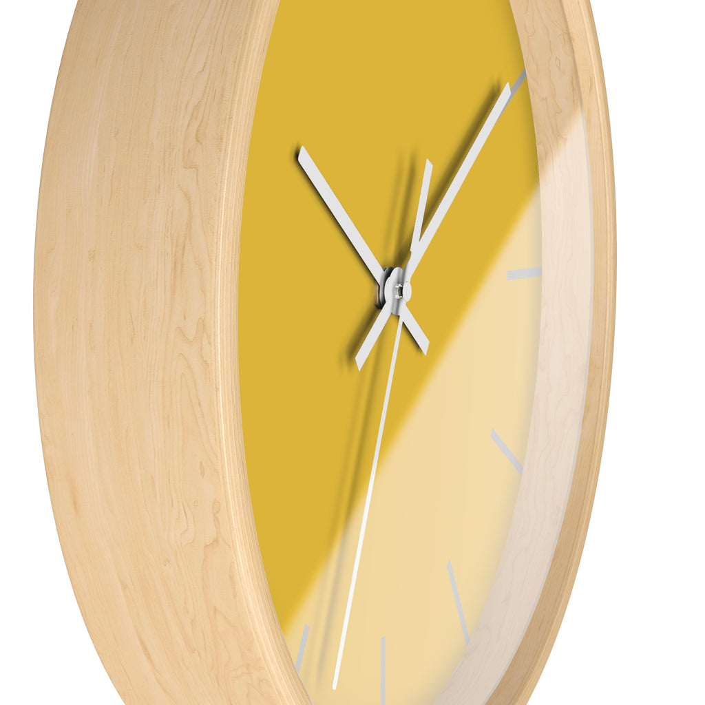 Wooden Base White Hand Modern Minimal Champ Yellow Silent Wall Clock With Light Grey Time Markers Side 