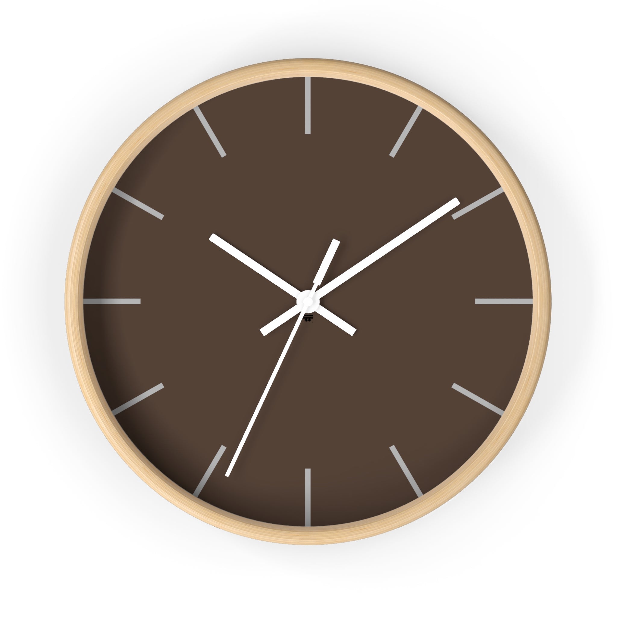 Wooden Base White Hand Modern Minimal Country Brown Silent Wall Clock With Off White Time Markers Front 