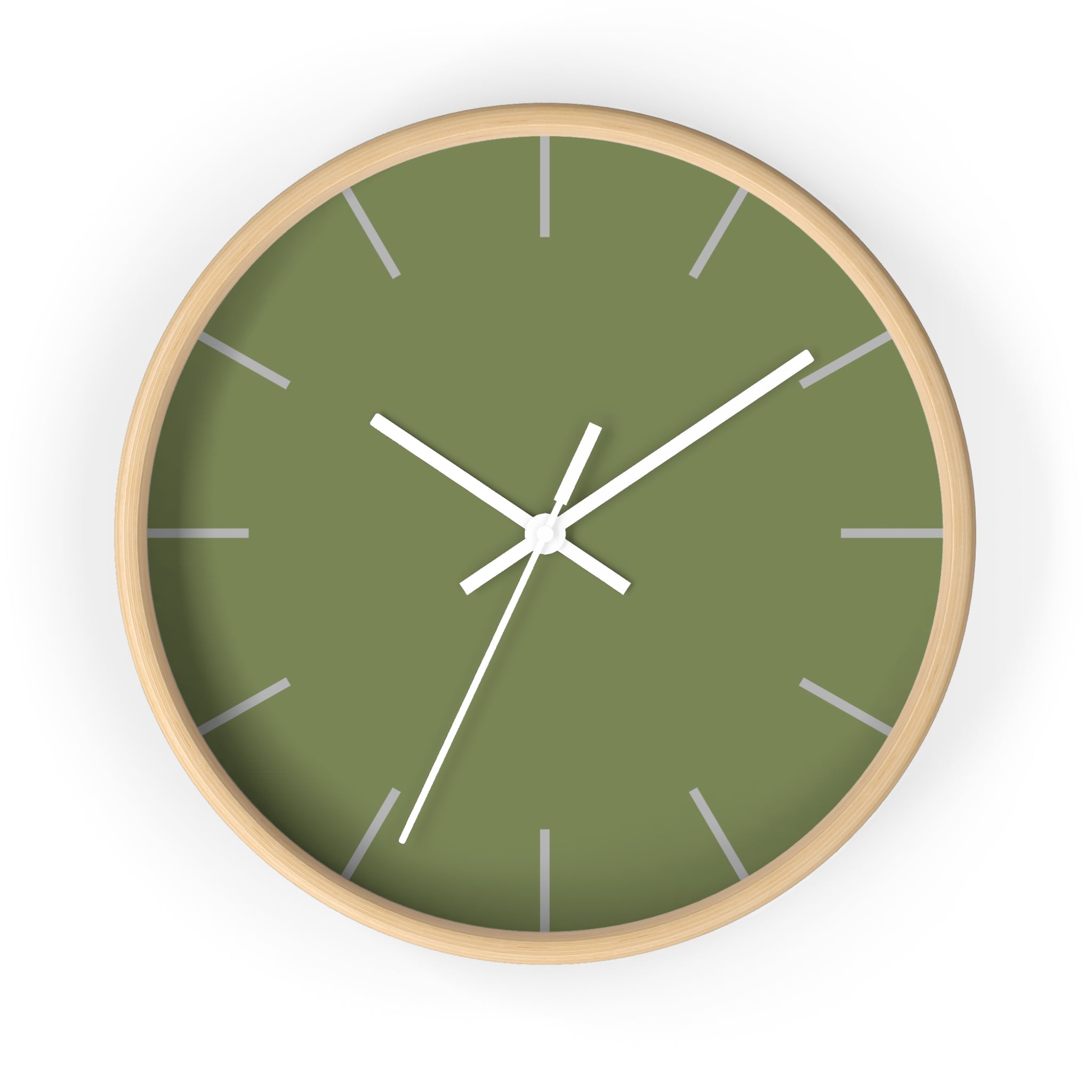 Wooden Base White Hand Modern Minimal Dark Sage Olive Green Quiet Wall Clock With Light Grey Time Markers Front