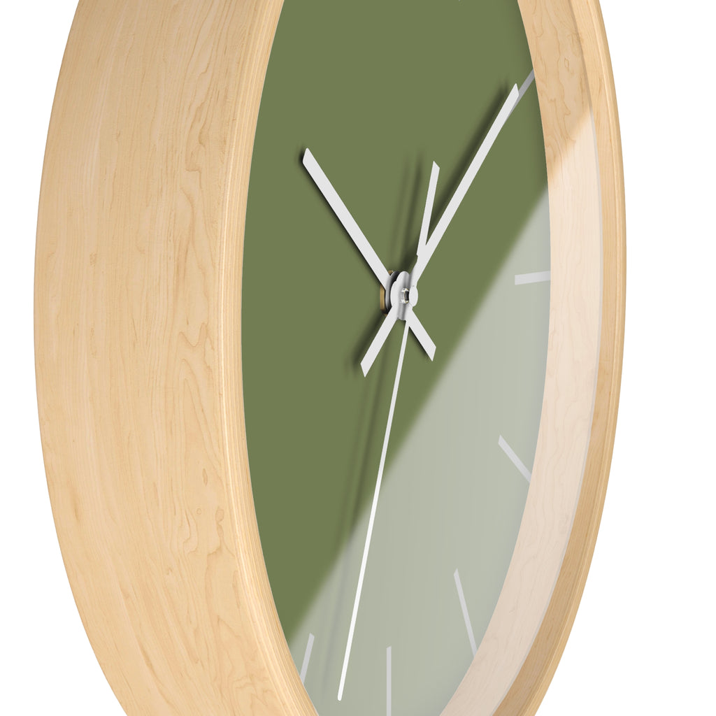 Wooden Base White Hand Modern Minimal Dark Sage Olive Green Quiet Wall Clock With Light Grey Time Markers SIde