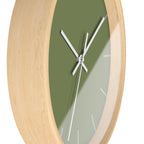 Wooden Base White Hand Modern Minimal Dark Sage Olive Green Quiet Wall Clock With Light Grey Time Markers SIde