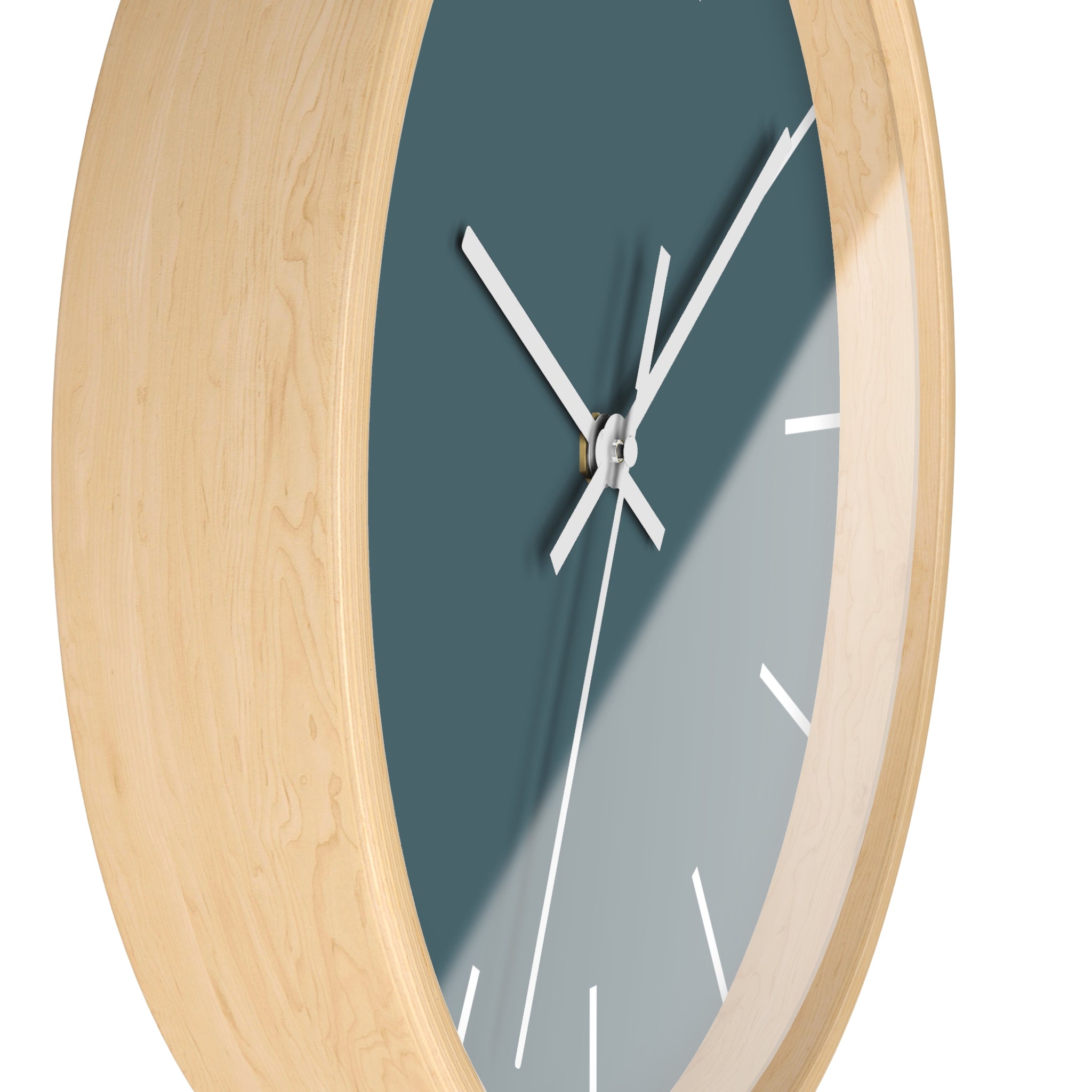 Wooden Base White Hand Modern Minimal Deep Space Sparkle Teal Silent Wall Clock With White Time Markers Side