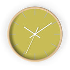 Wooden Base White Hand Modern Minimal Dull Gold Yellow Wall Clock With Light Grey Time Markers Front