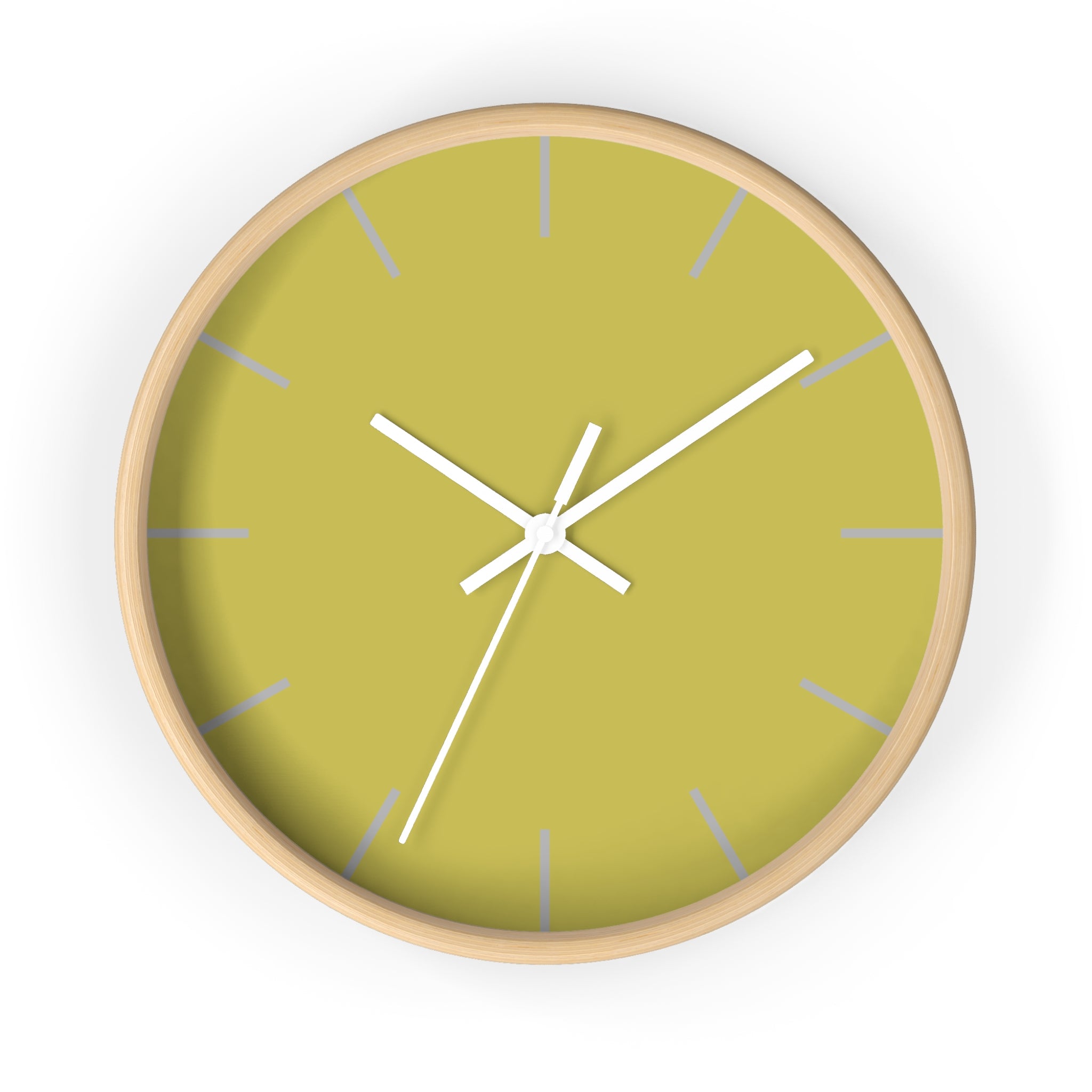 Wooden Base White Hand Modern Minimal Dull Gold Yellow Wall Clock With Light Grey Time Markers Front