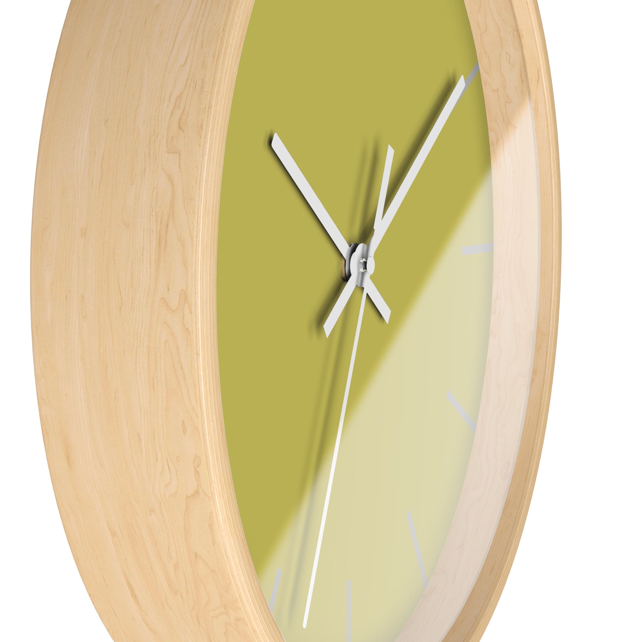 Wooden Base White Hand Modern Minimal Dull Gold Yellow Wall Clock With Light Grey Time Markers Side