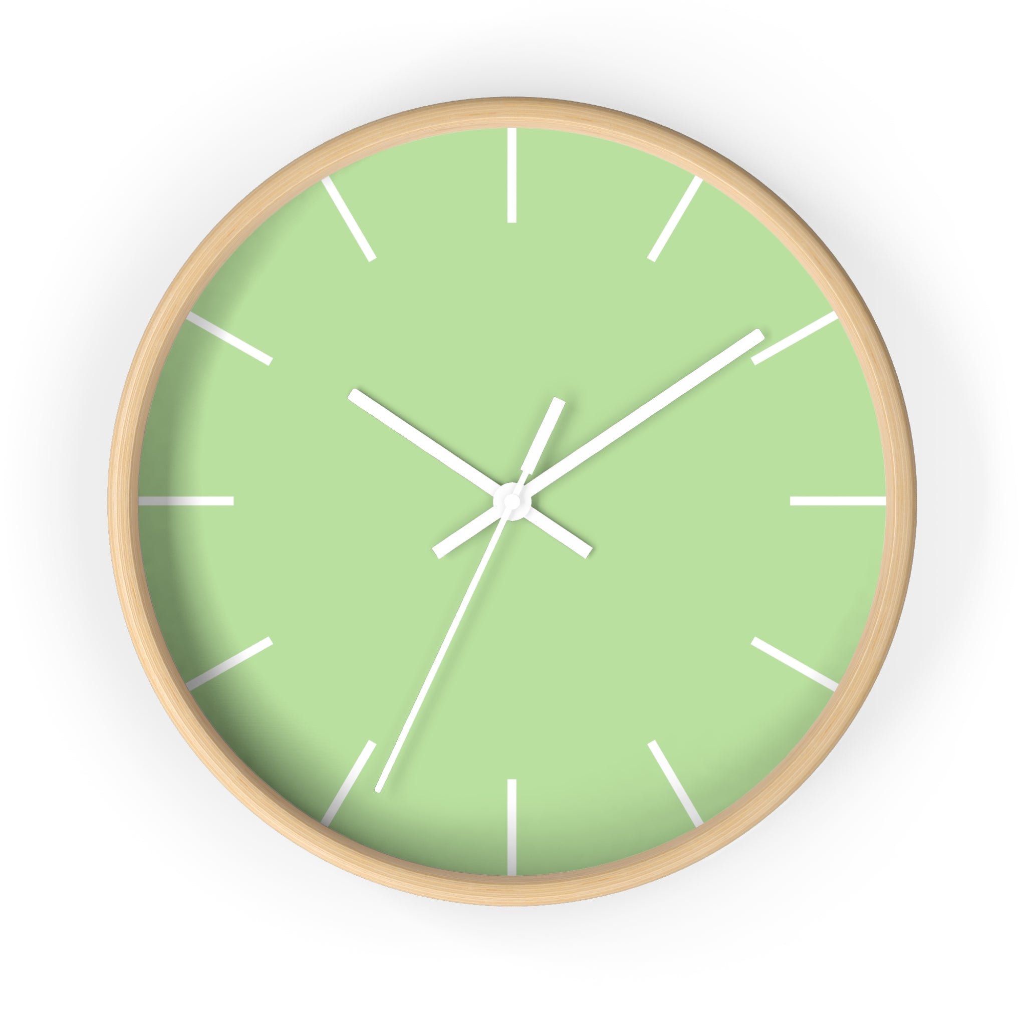 Wooden Base White Hand Modern Minimal Fresh Green Mint Quiet Wall Clock With White Time Markers Front