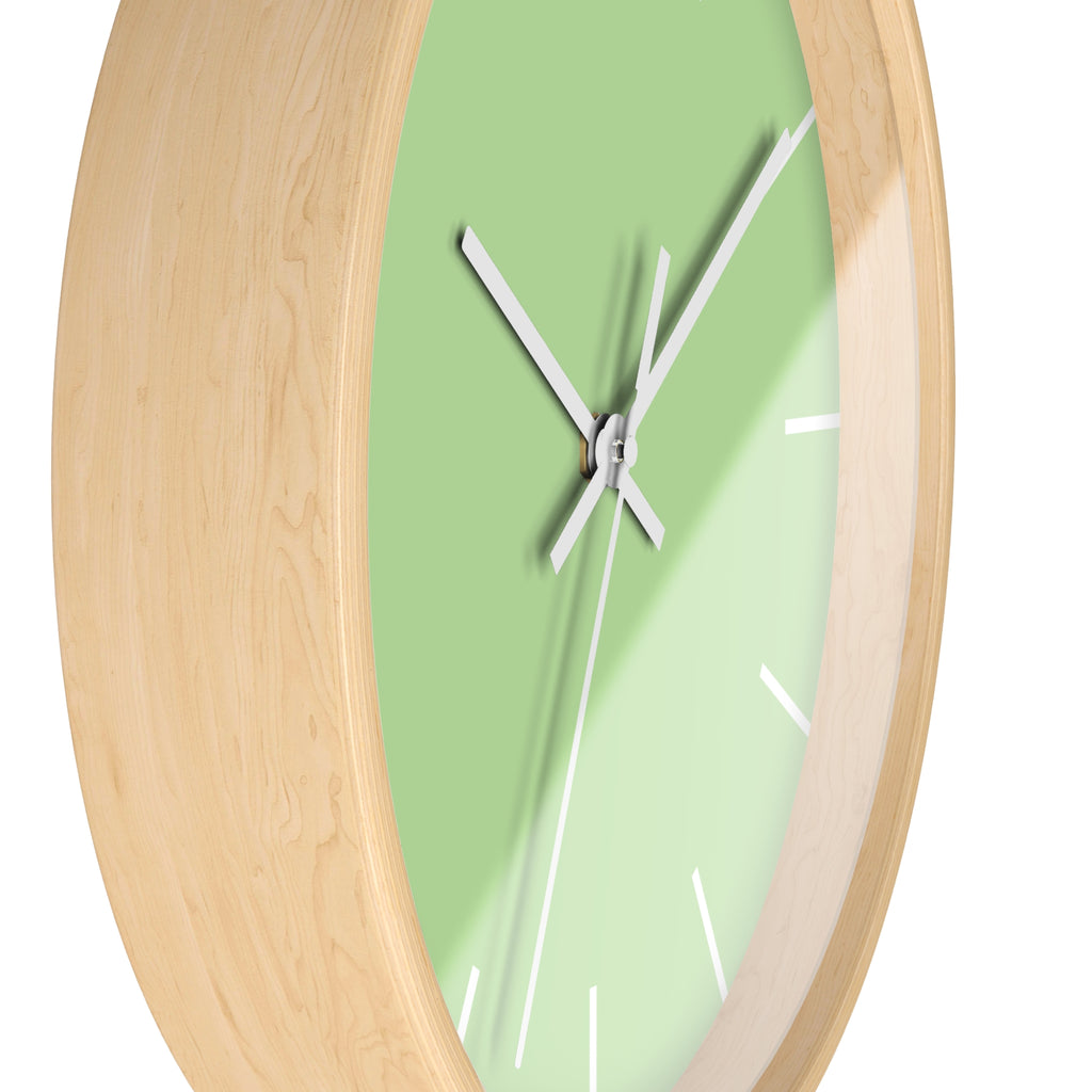 Wooden Base White Hand Modern Minimal Fresh Green Mint Quiet Wall Clock With White Time Markers Side