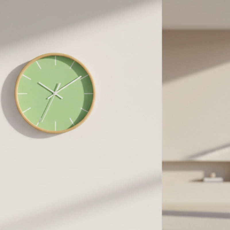 Modern Minimal Wooden Fresh Green Mint Quiet Wall Clock with white time markers on a white wall with a blurred shelf in the background