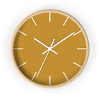 Wooden Base White Hand Modern Minimal Gold Ochre Mustard Silent Wall Clock With White Time Markers Front