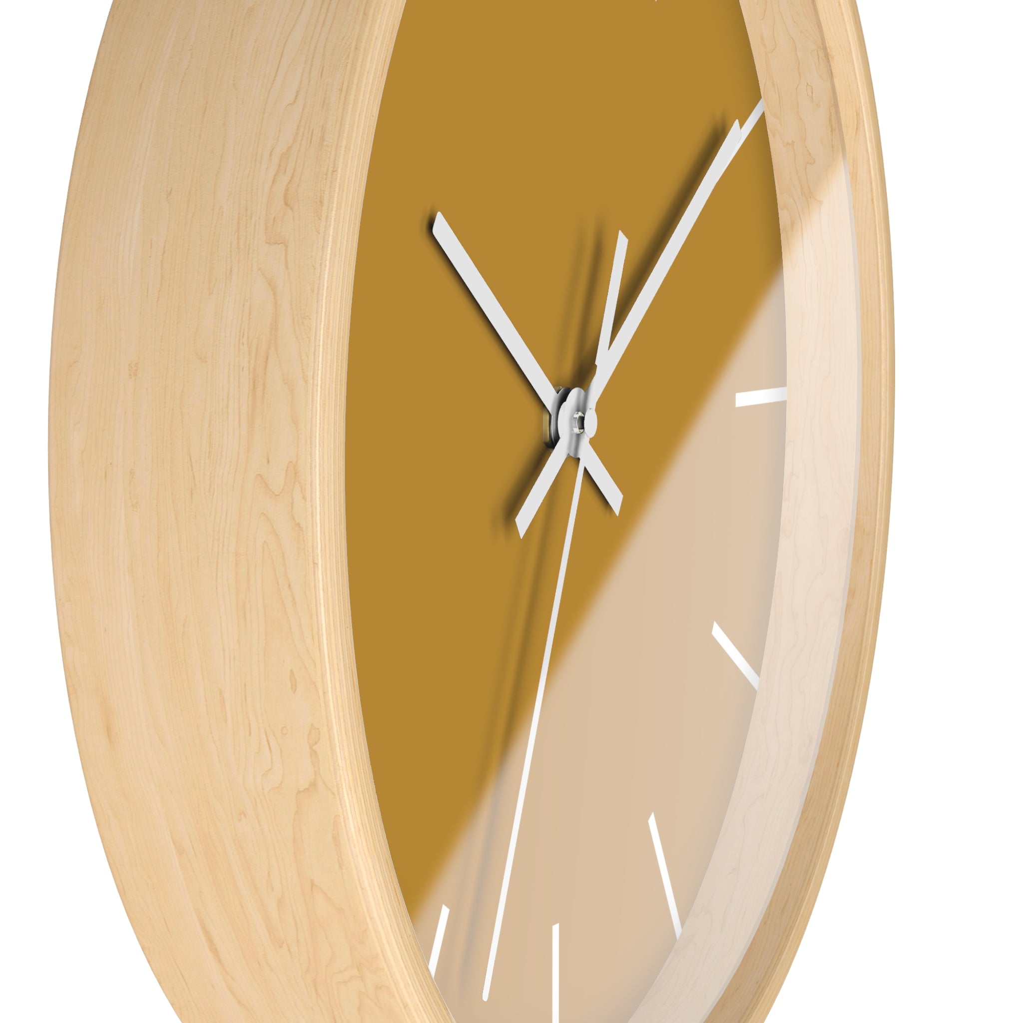Wooden Base White Hand Modern Minimal Gold Ochre Mustard Silent Wall Clock With White Time Markers Side