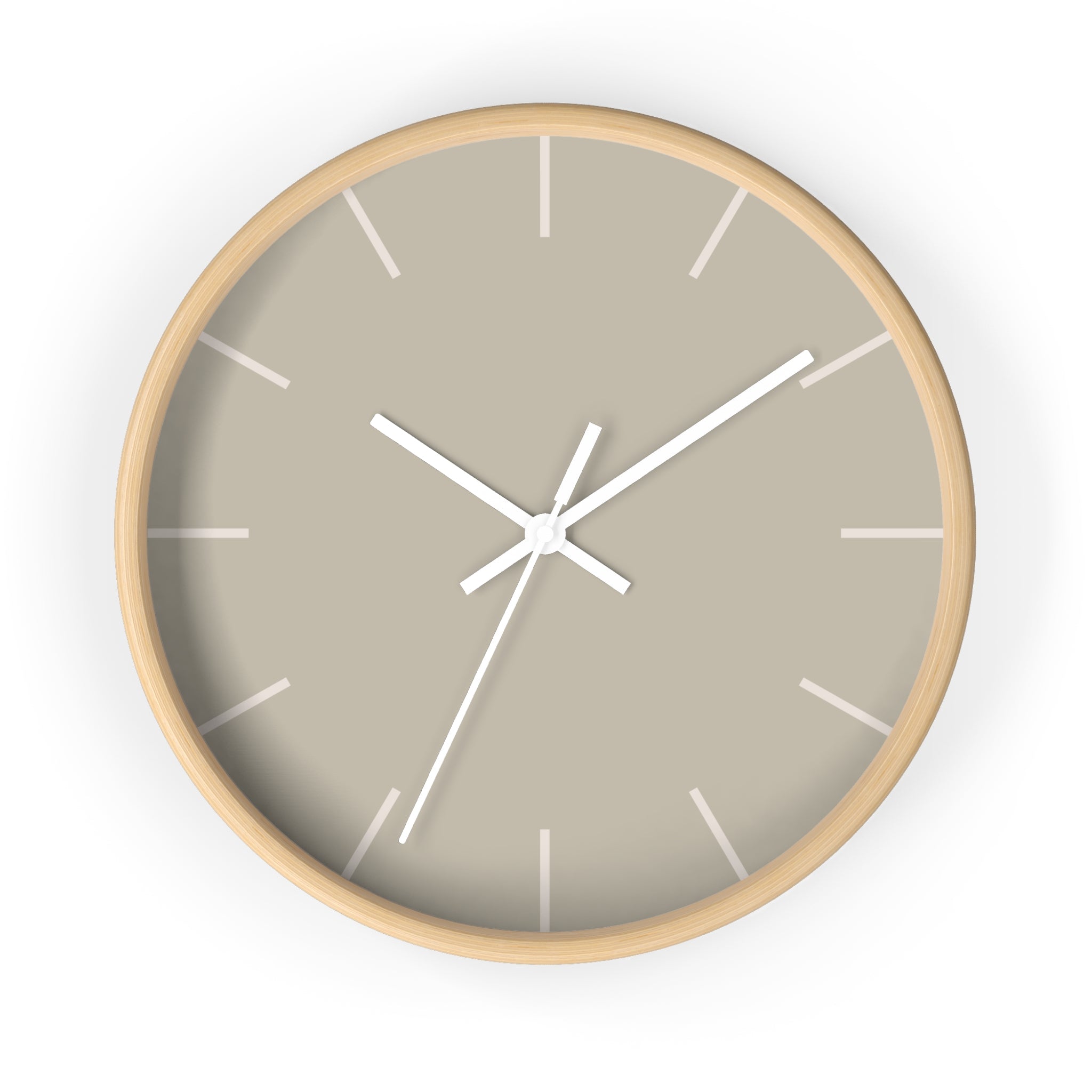 Wooden Base White Hand Modern Minimal Ivory Grey Beige Silent Wall Clock With Off White Time Markers Front