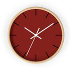 Wooden Base White Hand Modern Minimal Maroon Bloodstone Red Silent Wall Clock With Black Time Markers Front