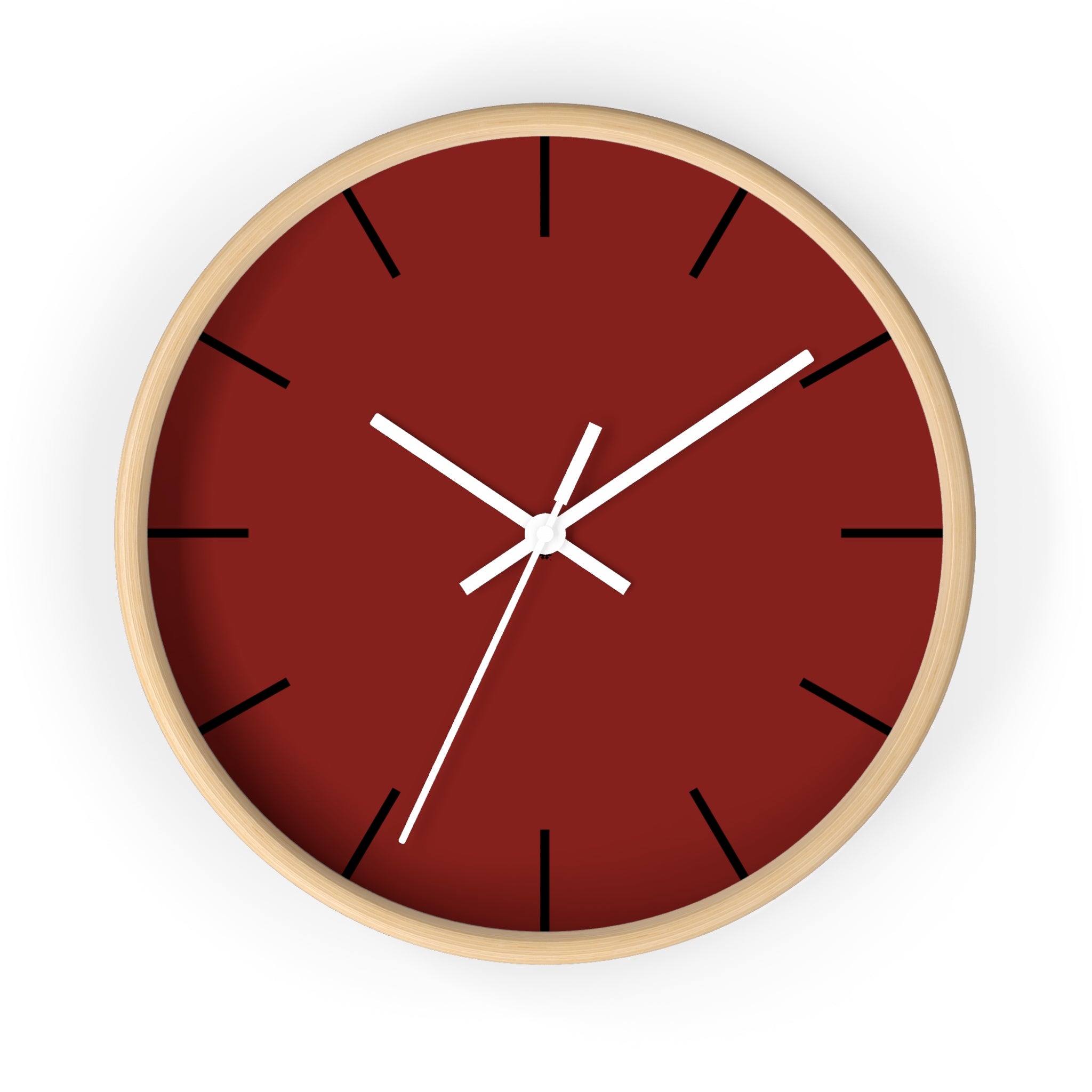 Wooden Base White Hand Modern Minimal Maroon Bloodstone Red Silent Wall Clock With Black Time Markers Front