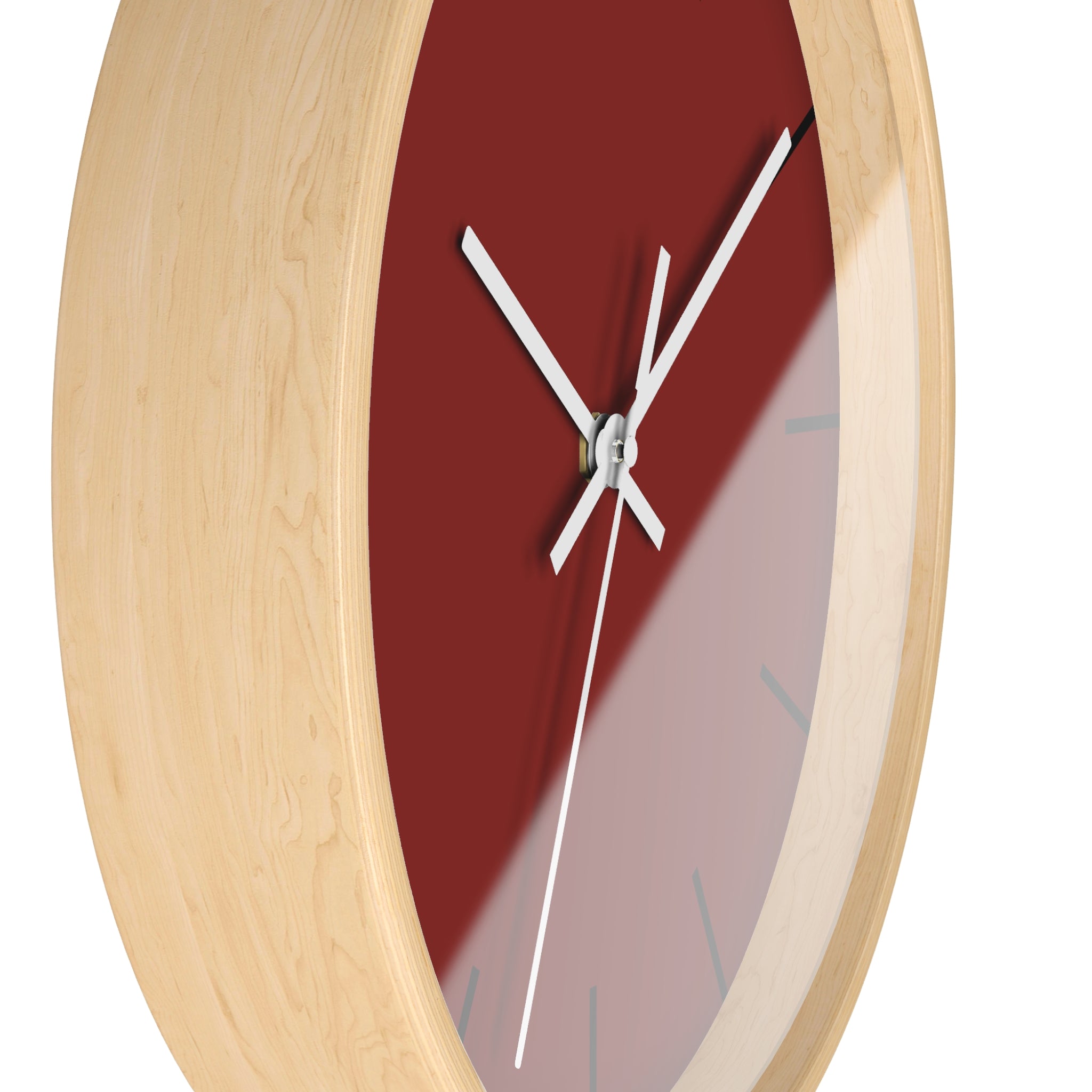 Wooden Base White Hand Modern Minimal Maroon Bloodstone Red Silent Wall Clock With Black Time Markers Side