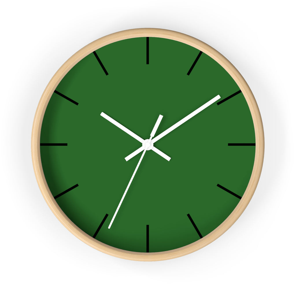  Wooden Base White Hand Modern Minimal Mughal Green Silent Analog Wall Clock with black time markers Front