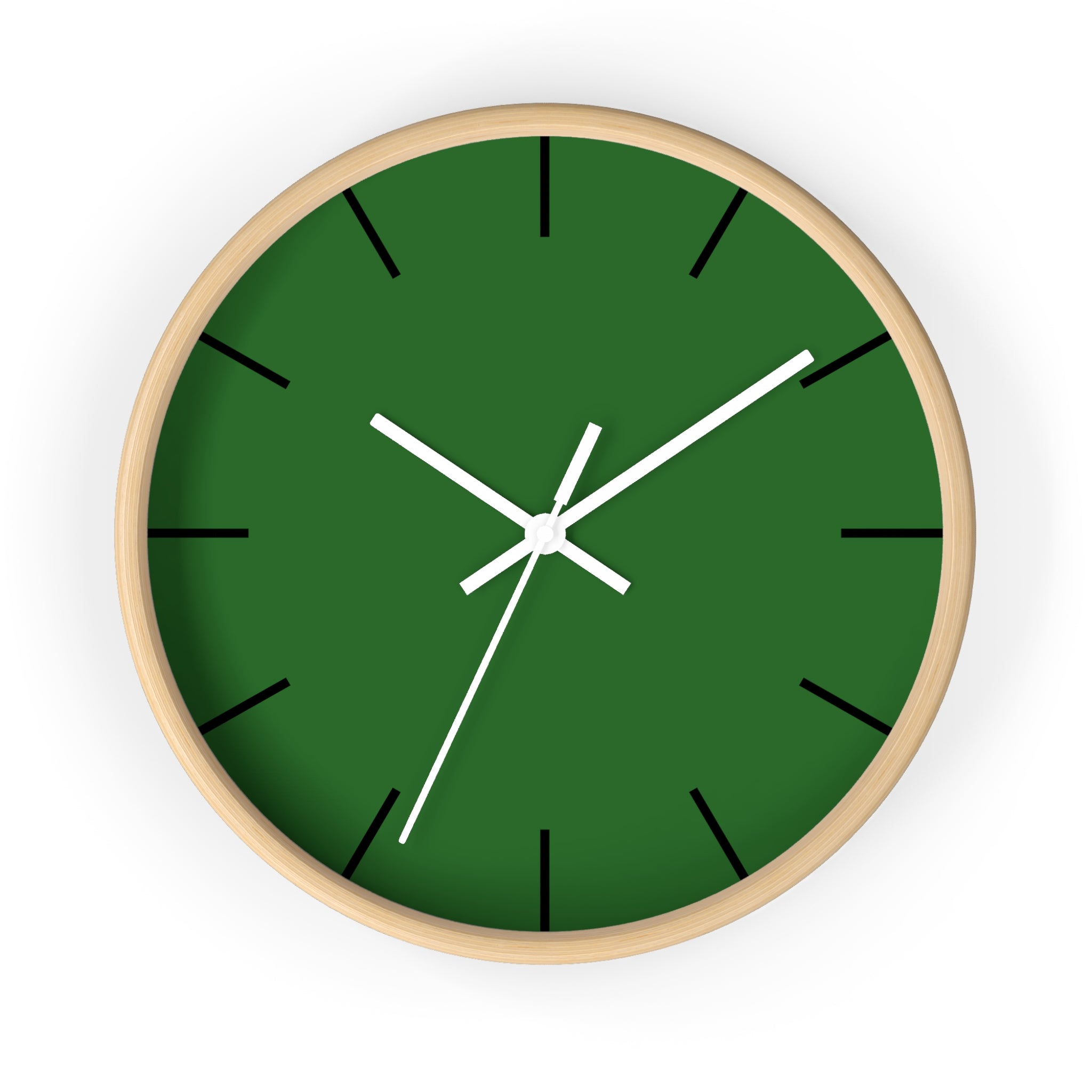  Wooden Base White Hand Modern Minimal Mughal Green Silent Analog Wall Clock with black time markers Front