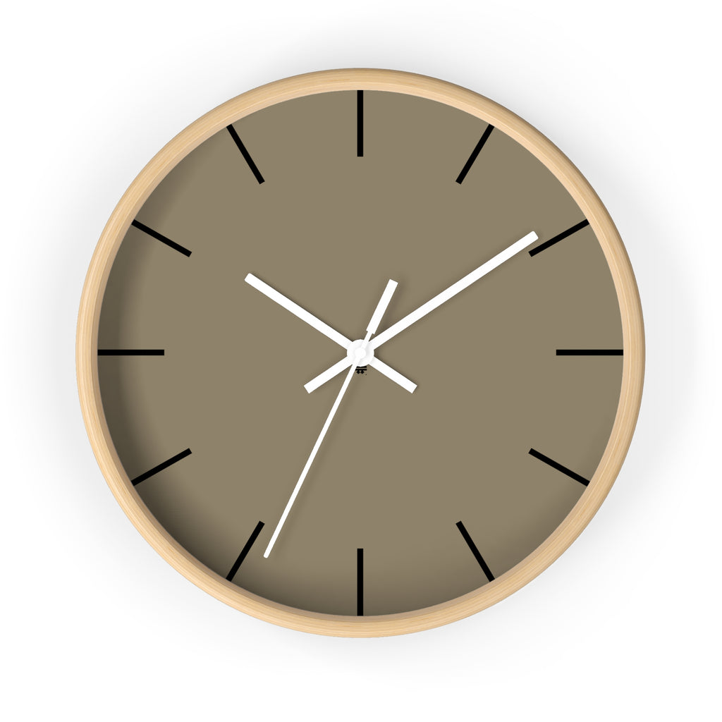 Wooden Base White Hand Modern Minimal Neutral Taupe Silent Wall Clock With Black Time Markers Front