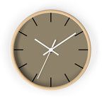 Wooden Base White Hand Modern Minimal Neutral Taupe Silent Wall Clock With Black Time Markers Front