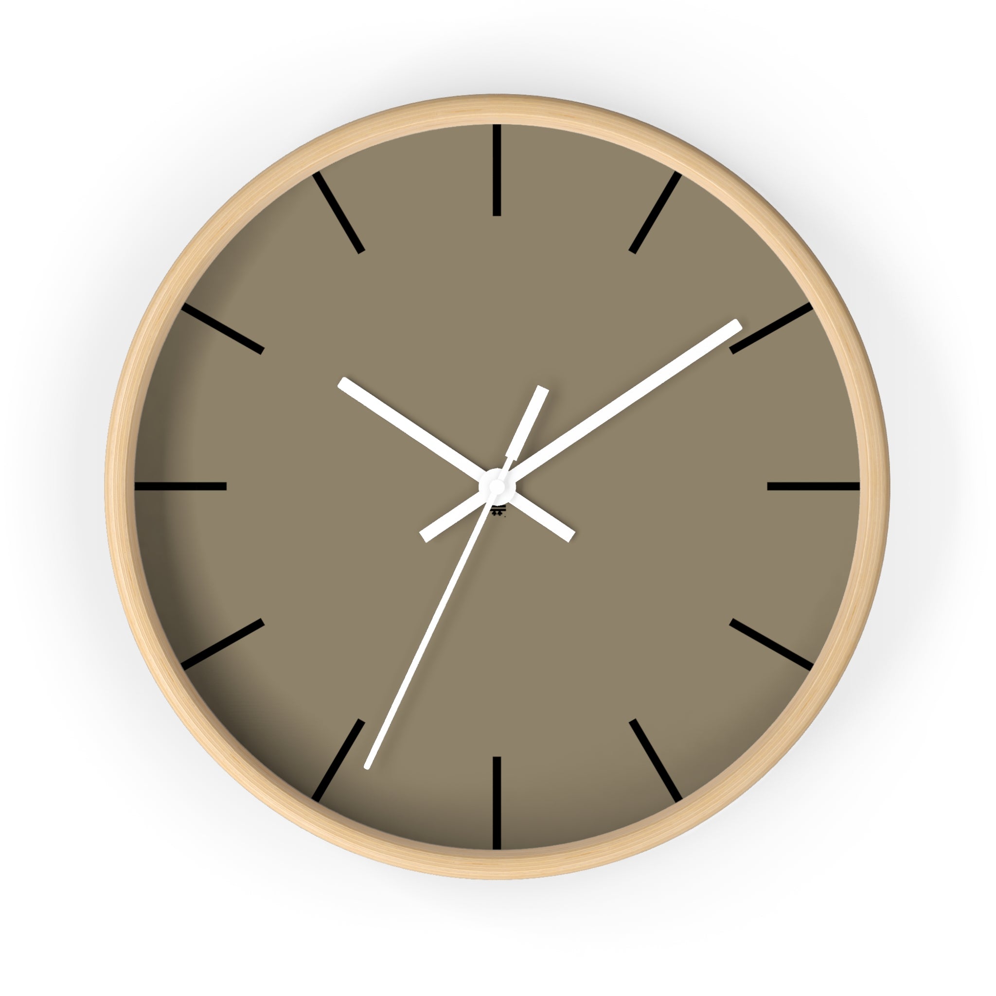 Wooden Base White Hand Modern Minimal Neutral Taupe Silent Wall Clock With Black Time Markers Front