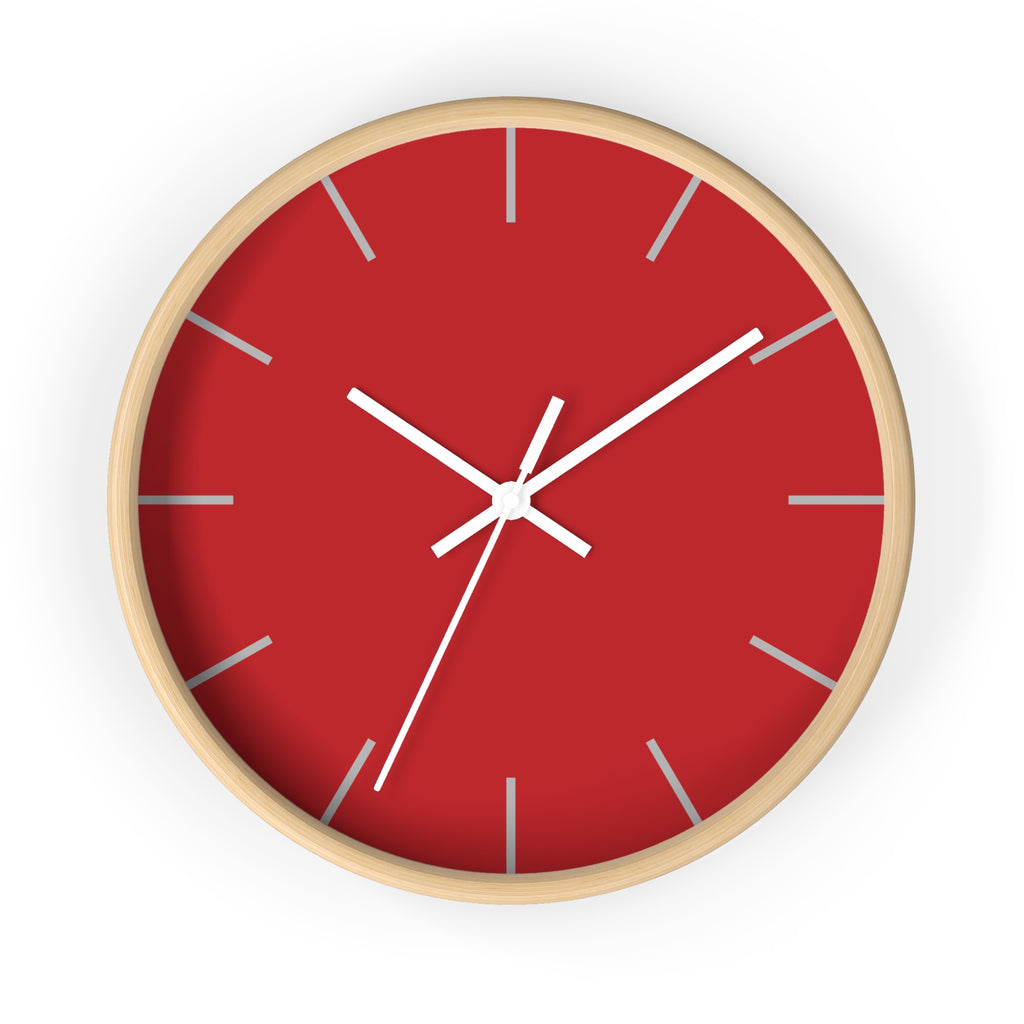 Wooden Base White Hand Modern Minimal Red Silent Wall Clock Front 