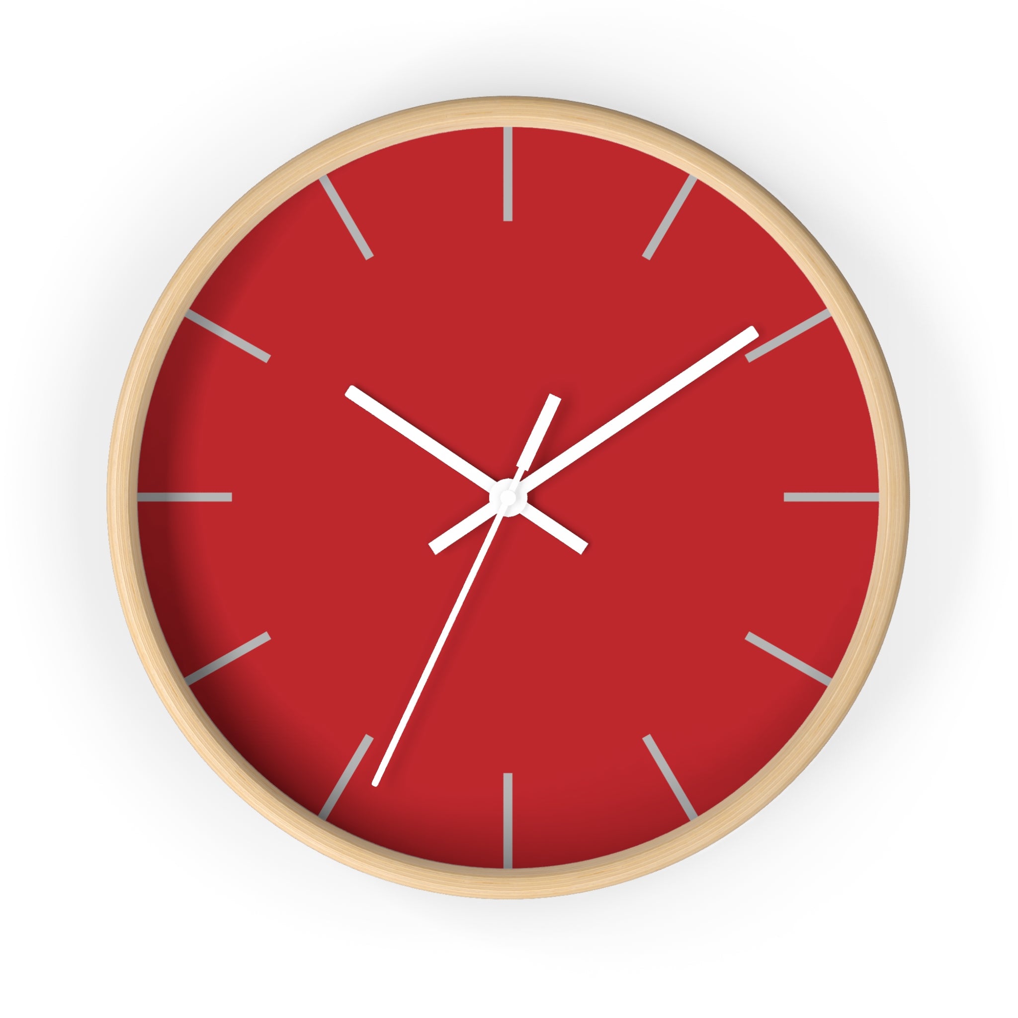 Wooden Base White Hand Modern Minimal Red Silent Wall Clock Front 