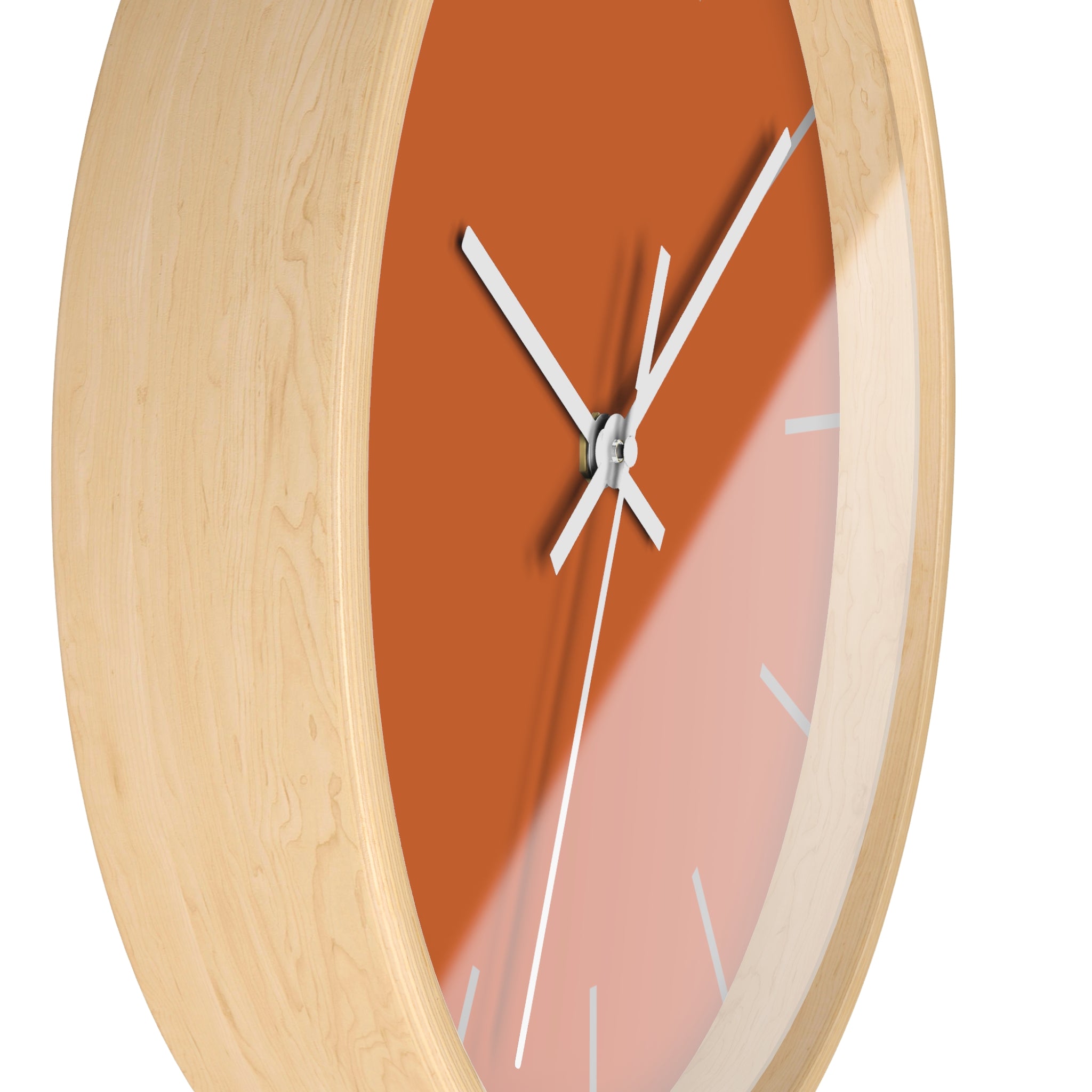 Wooden Base White Hand Modern Minimal Roman Earth Rust Orange Wall Clock With Light Grey Time Markers Side 