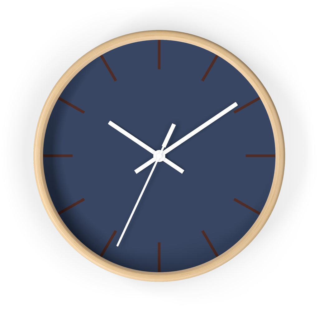 Wooden Base White Hand Modern Minimal Rugged Blue Navy Silent Wall Clock With Country Brown Time Markers Front