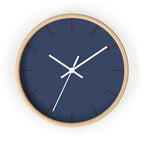 Wooden Base White Hand Modern Minimal Rugged Blue Navy Silent Wall Clock With Country Brown Time Markers Front