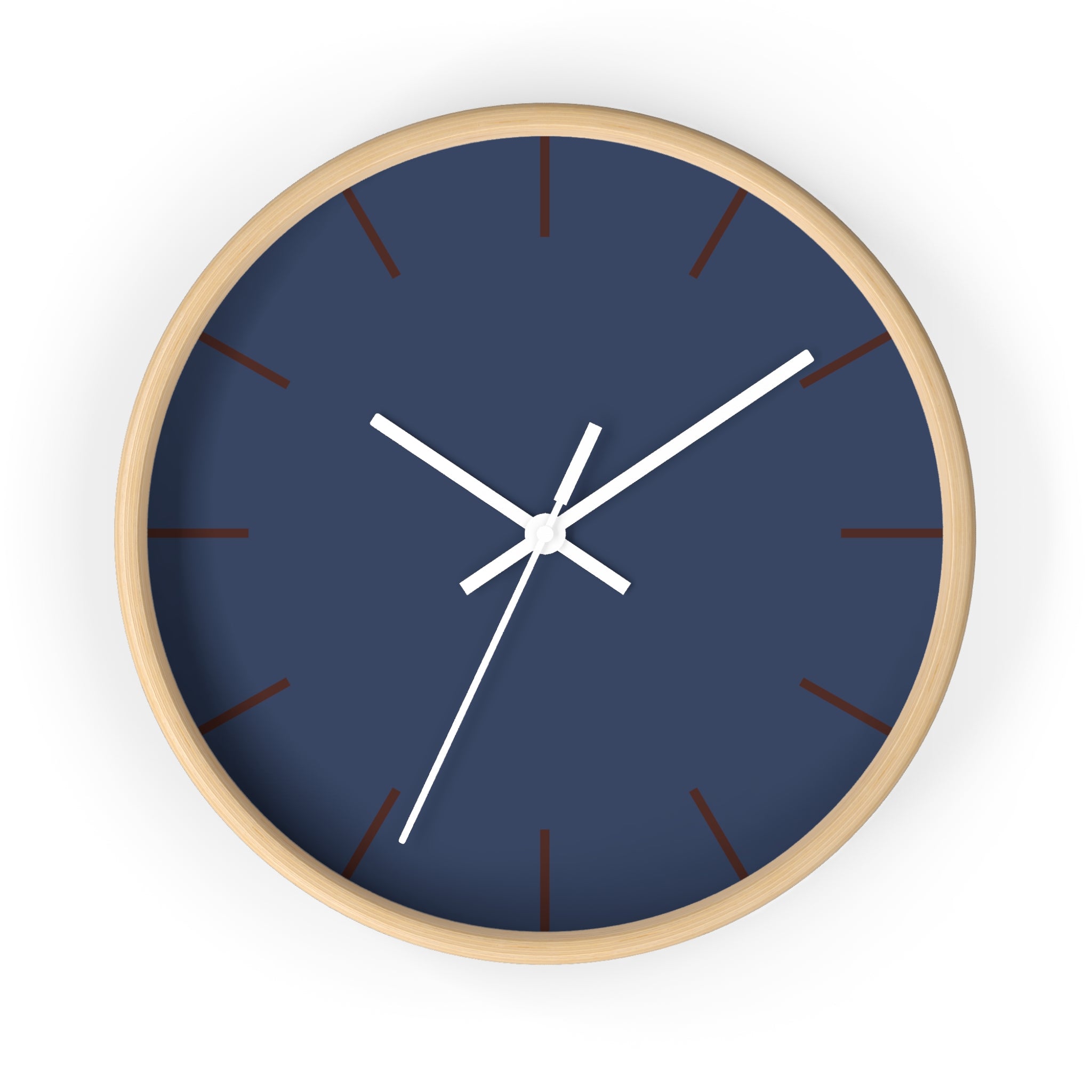 Wooden Base White Hand Modern Minimal Rugged Blue Navy Silent Wall Clock With Country Brown Time Markers Front